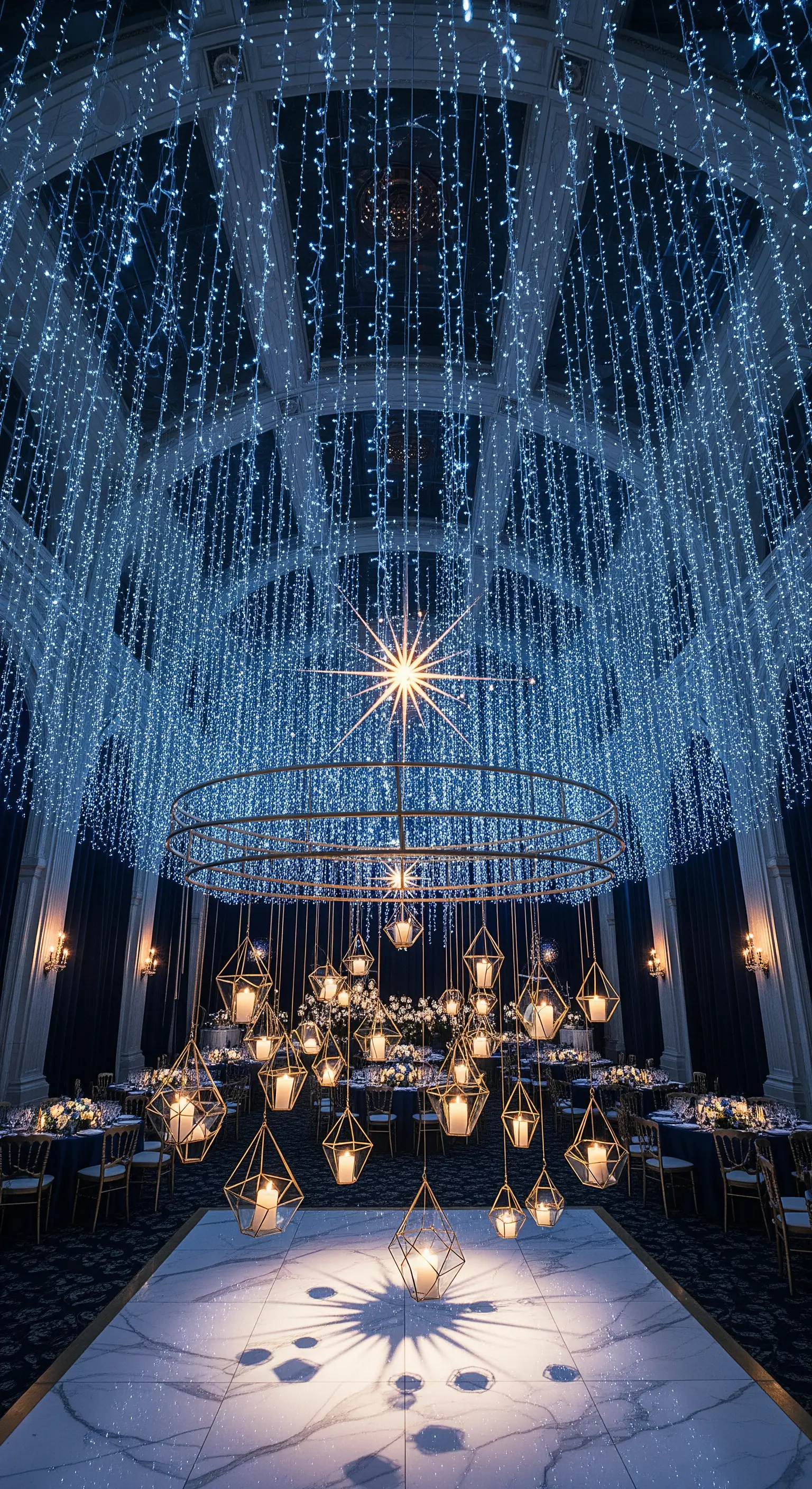 Salone con soffitto coperto da luci blu a cascata e un lampadario con candele geometriche.