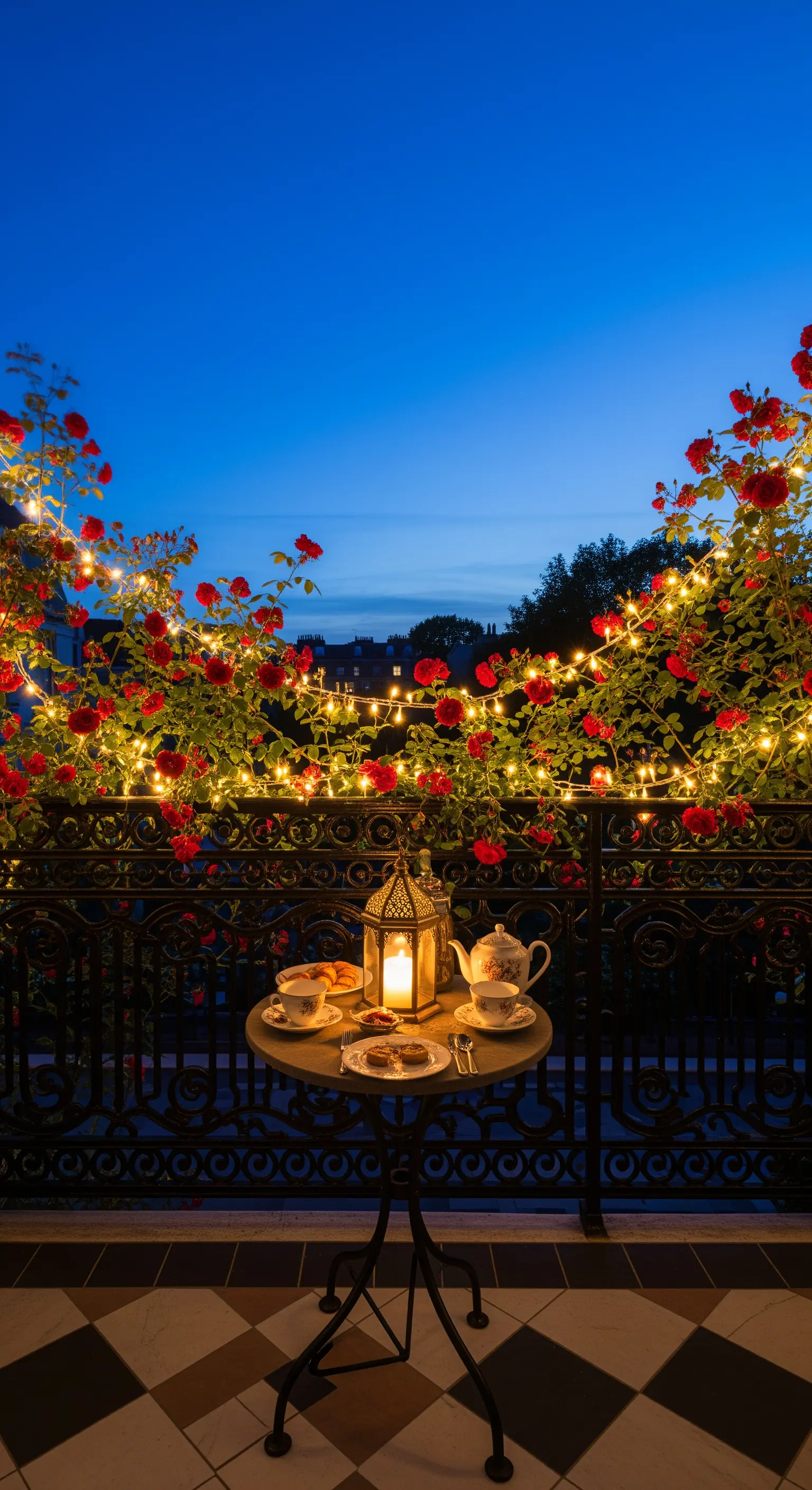 Balcone di notte con lucine calde intrecciate tra le rose e una lanterna sul tavolo