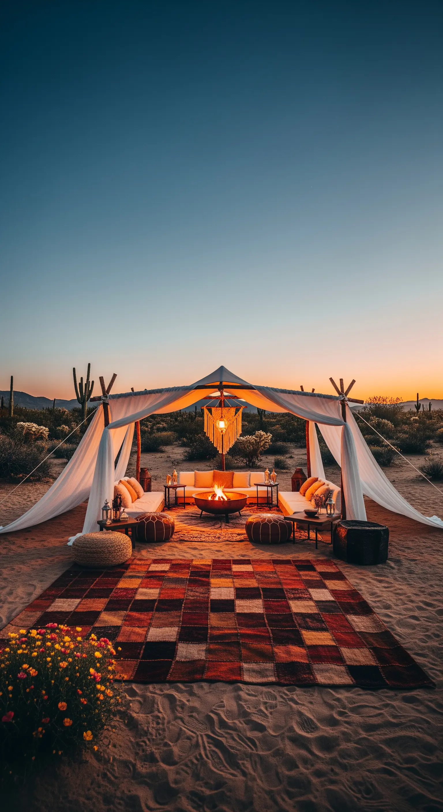 Allestimento di lusso nel deserto con tenda, braciere acceso, tappeto e divani bassi al tramonto.