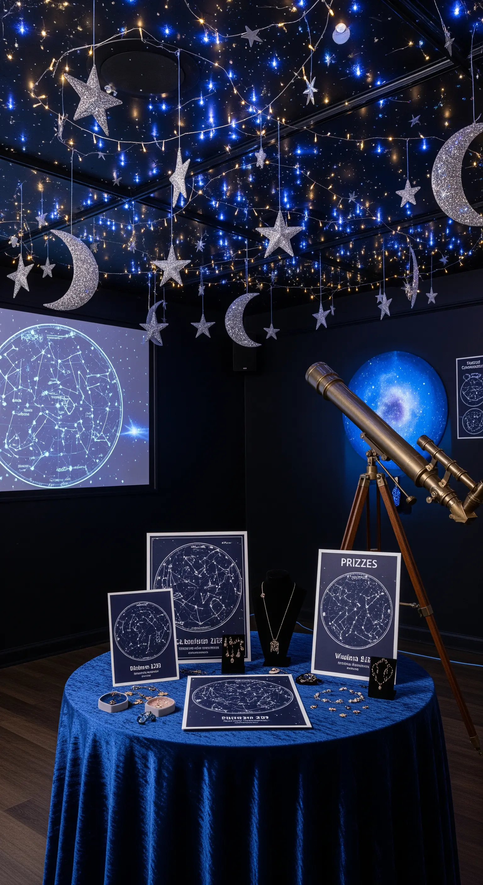 Una stanza buia decorata come un cielo stellato con luci, un telescopio e premi a tema astronomico.