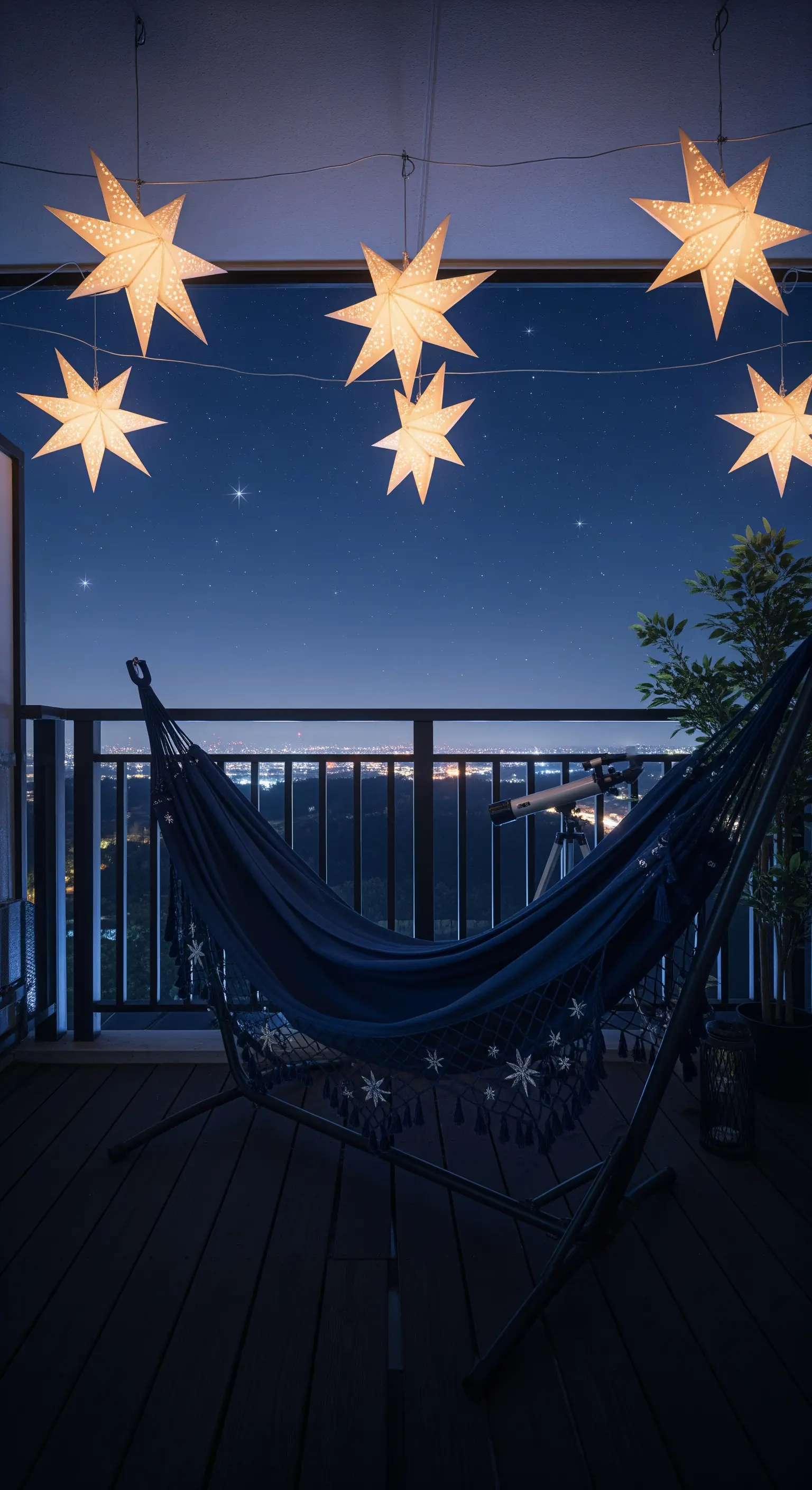 Amaca scura su un balcone di notte, sotto grandi lanterne di carta a forma di stella.