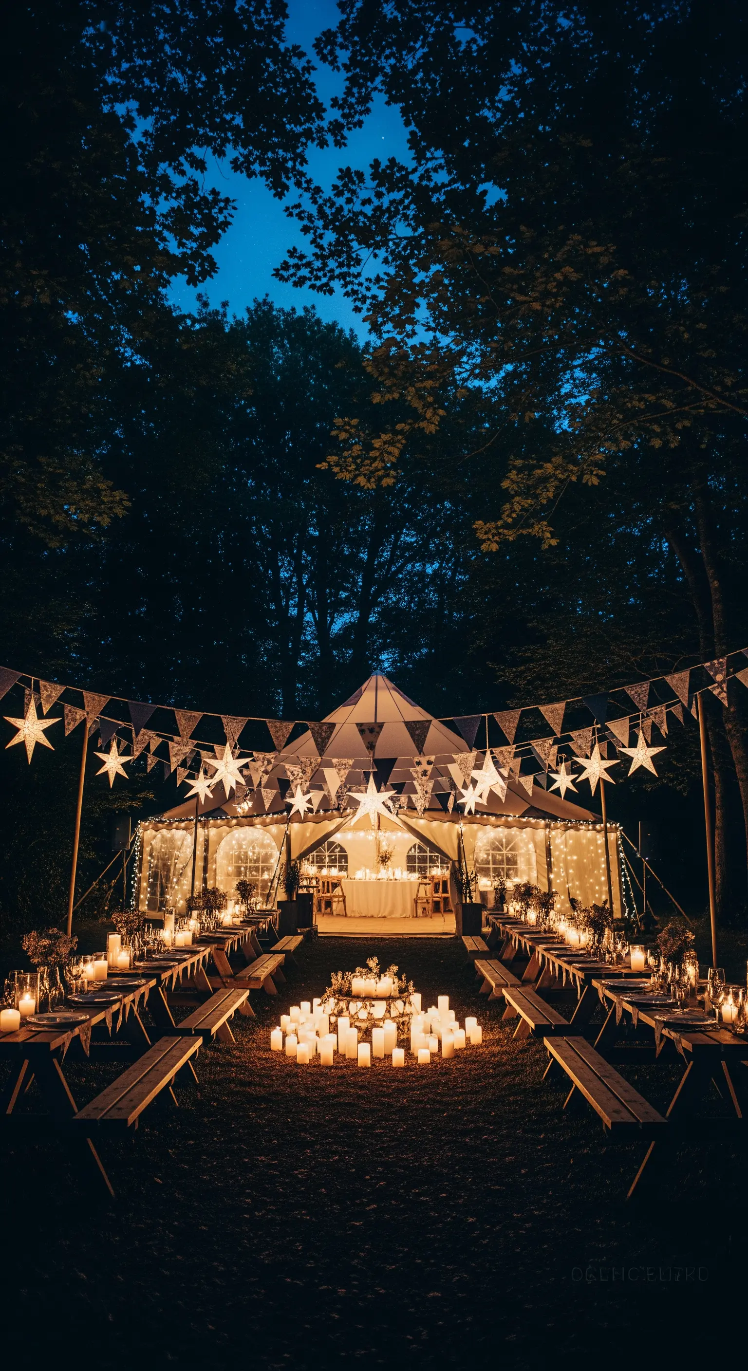 Tenda da festa illuminata da lanterne a stella e centinaia di candele a terra.