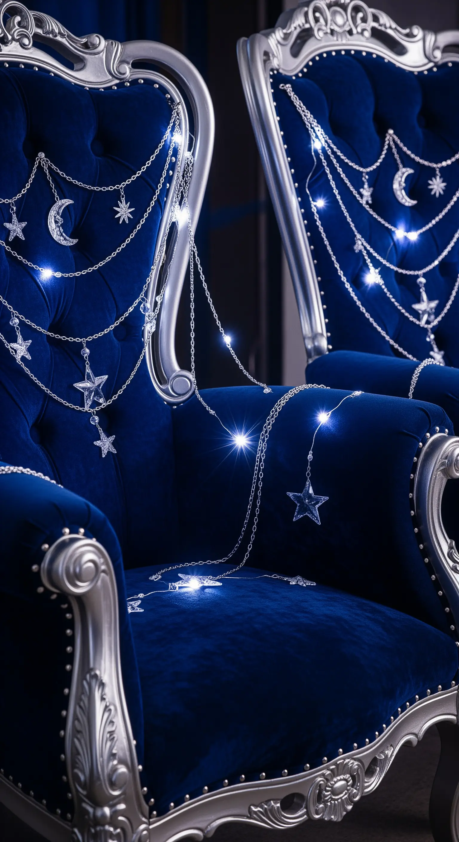 Poltrone barocche in velluto blu decorate con ghirlande luminose di stelle e lune.