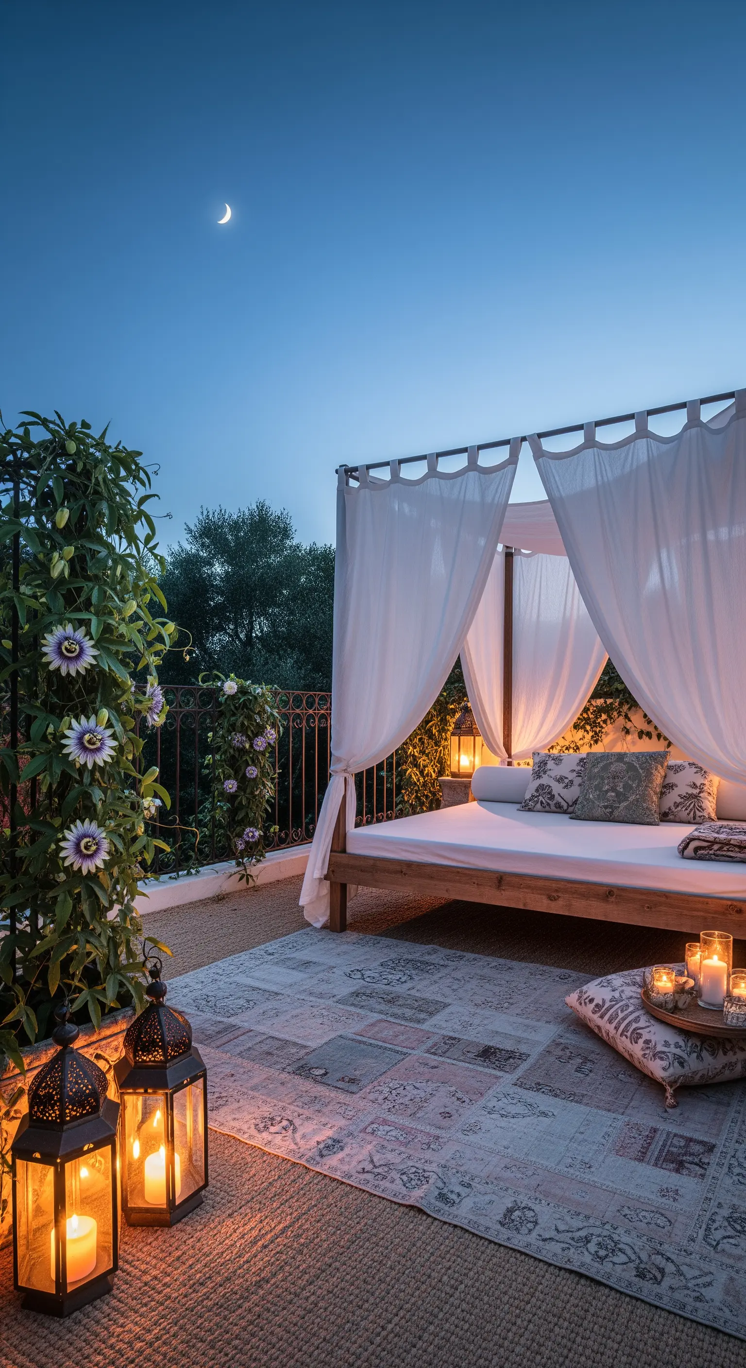 Letto a baldacchino con tende bianche su una terrazza di notte, illuminato da lanterne e candele.