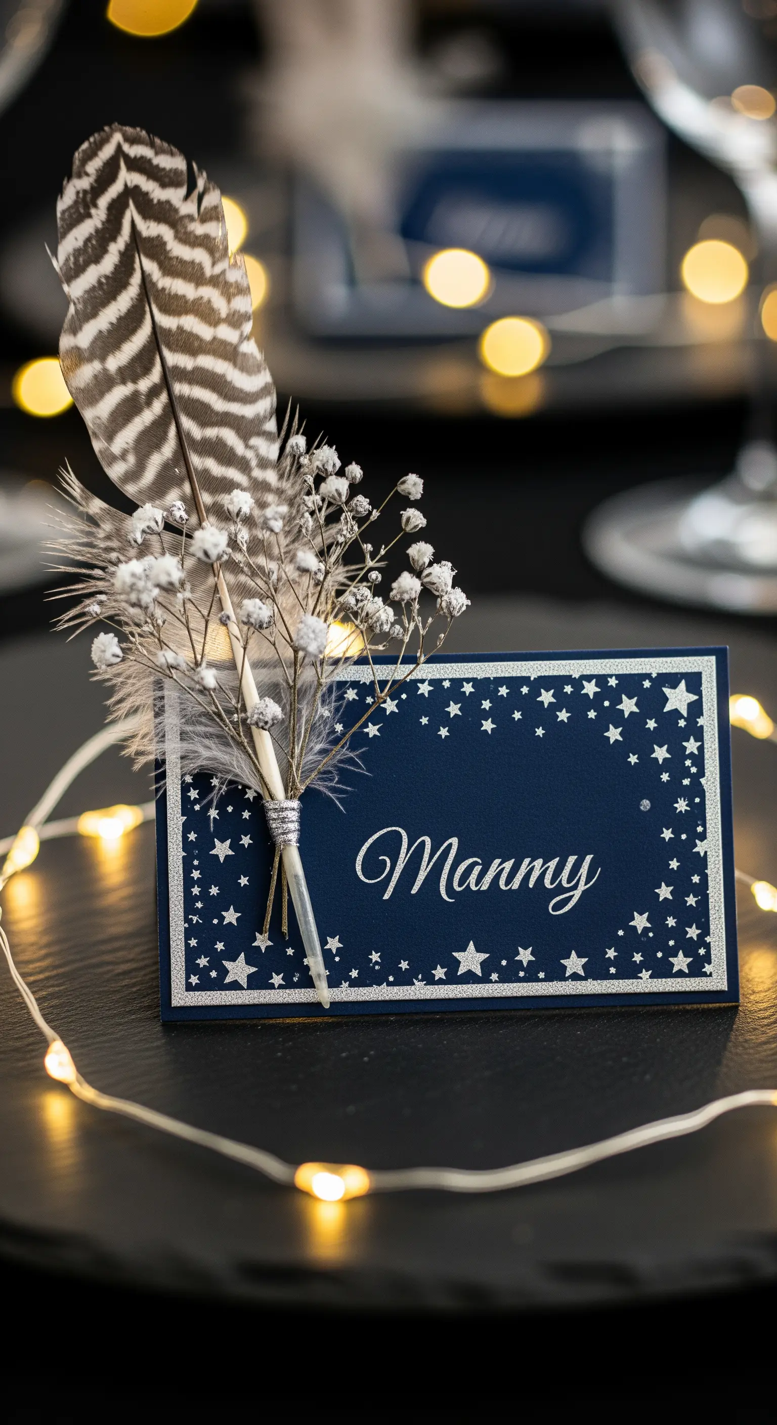 Segnaposto blu con stelle, piume, fiori secchi e una ghirlanda di luci LED.