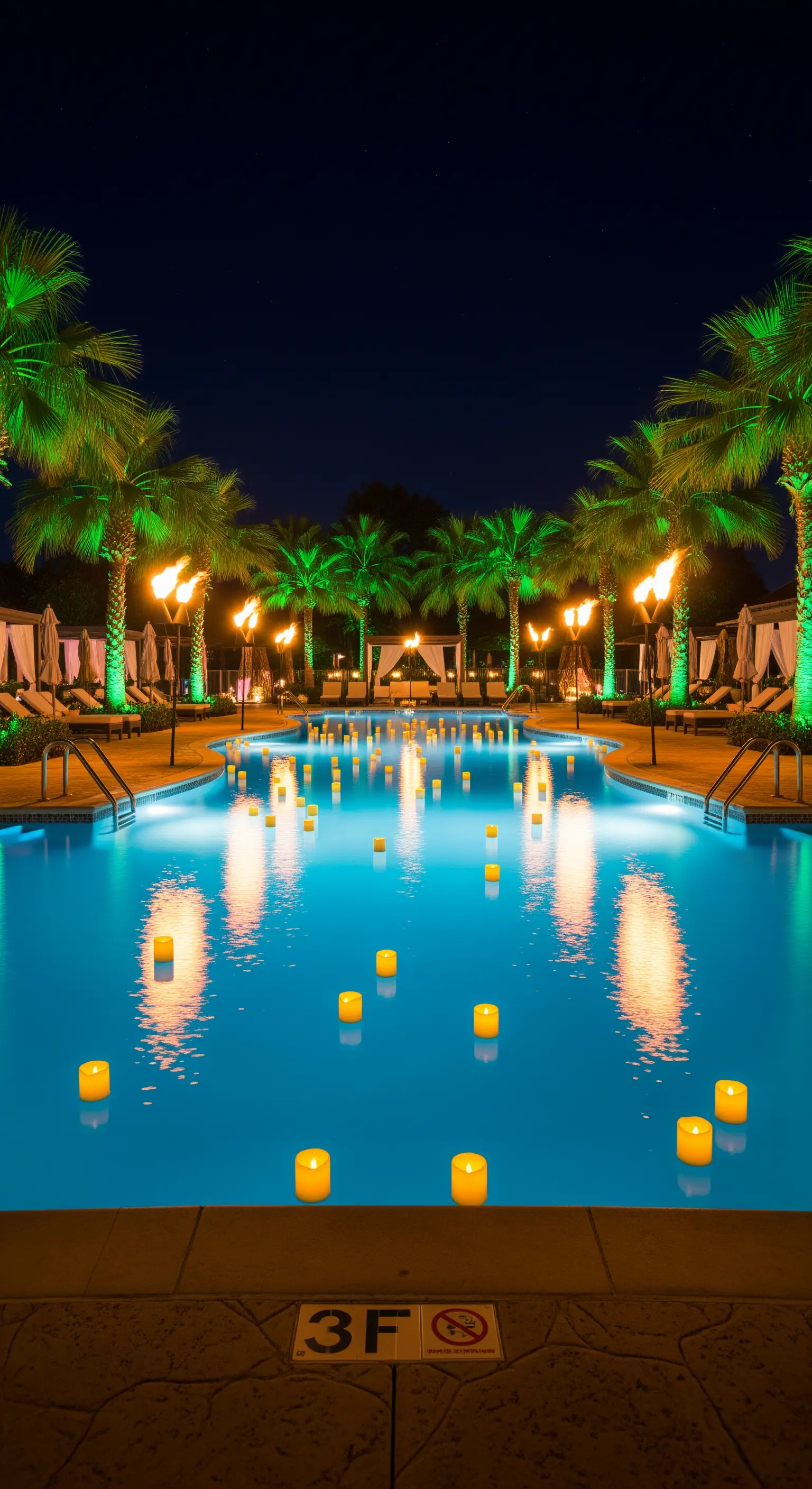 Piscina di notte con candele galleggianti, circondata da palme illuminate e torce tiki.