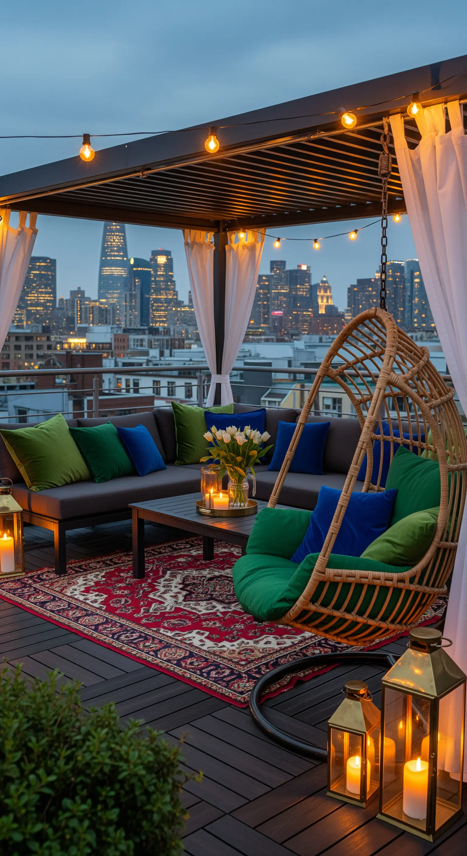 Terrazza urbana di sera con sedia sospesa, lanterne accese, tende bianche e tappeto persiano.