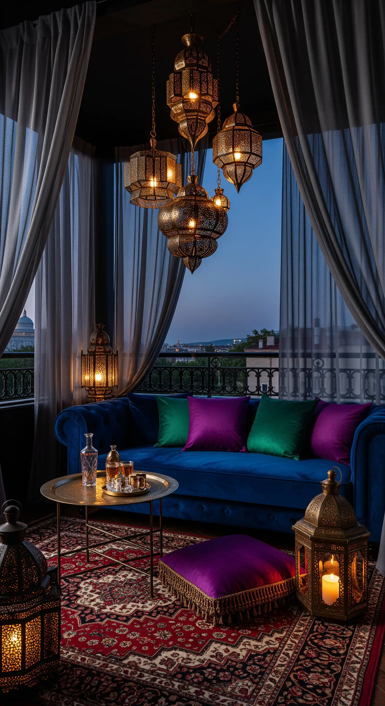 Balcone di sera con divano in velluto blu, cuscini colorati, tappeto persiano e lanterne marocchine