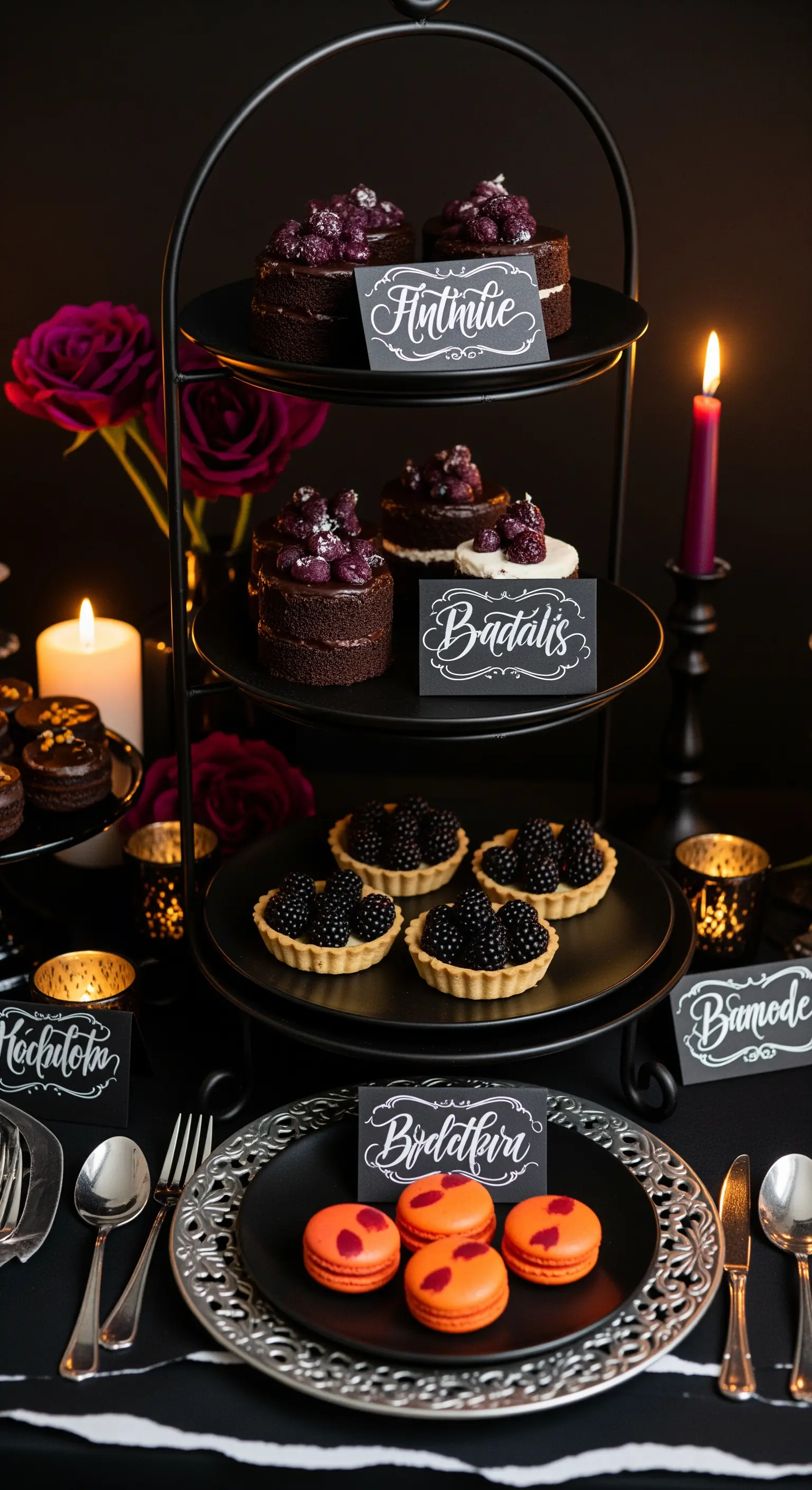 Tavola di dolci in stile gotico con tovaglia nera, candele e dessert scuri su un'alzata a piani.