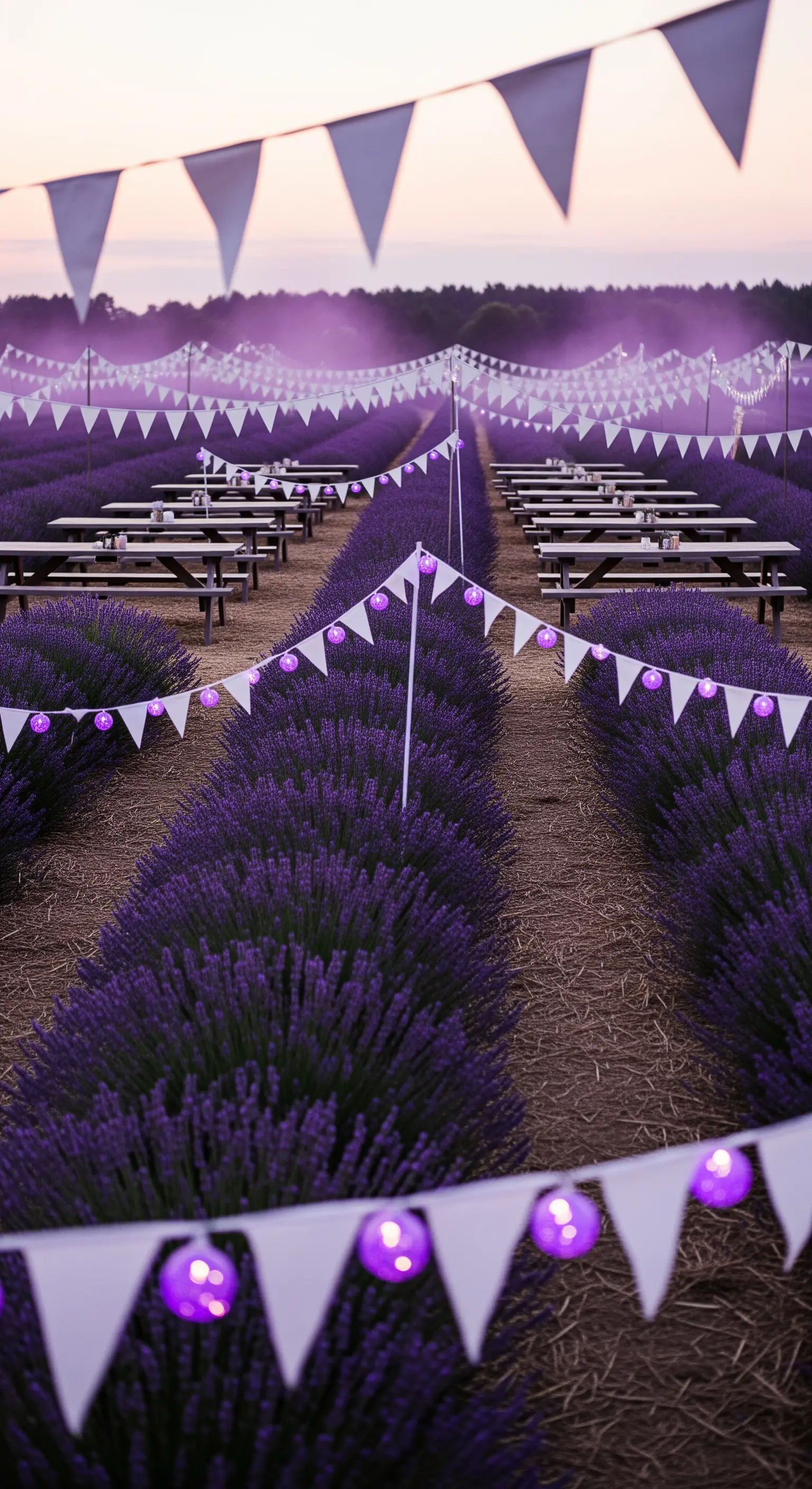 Tavoli da picnic in un campo di lavanda illuminato da luci viola e bandierine bianche.