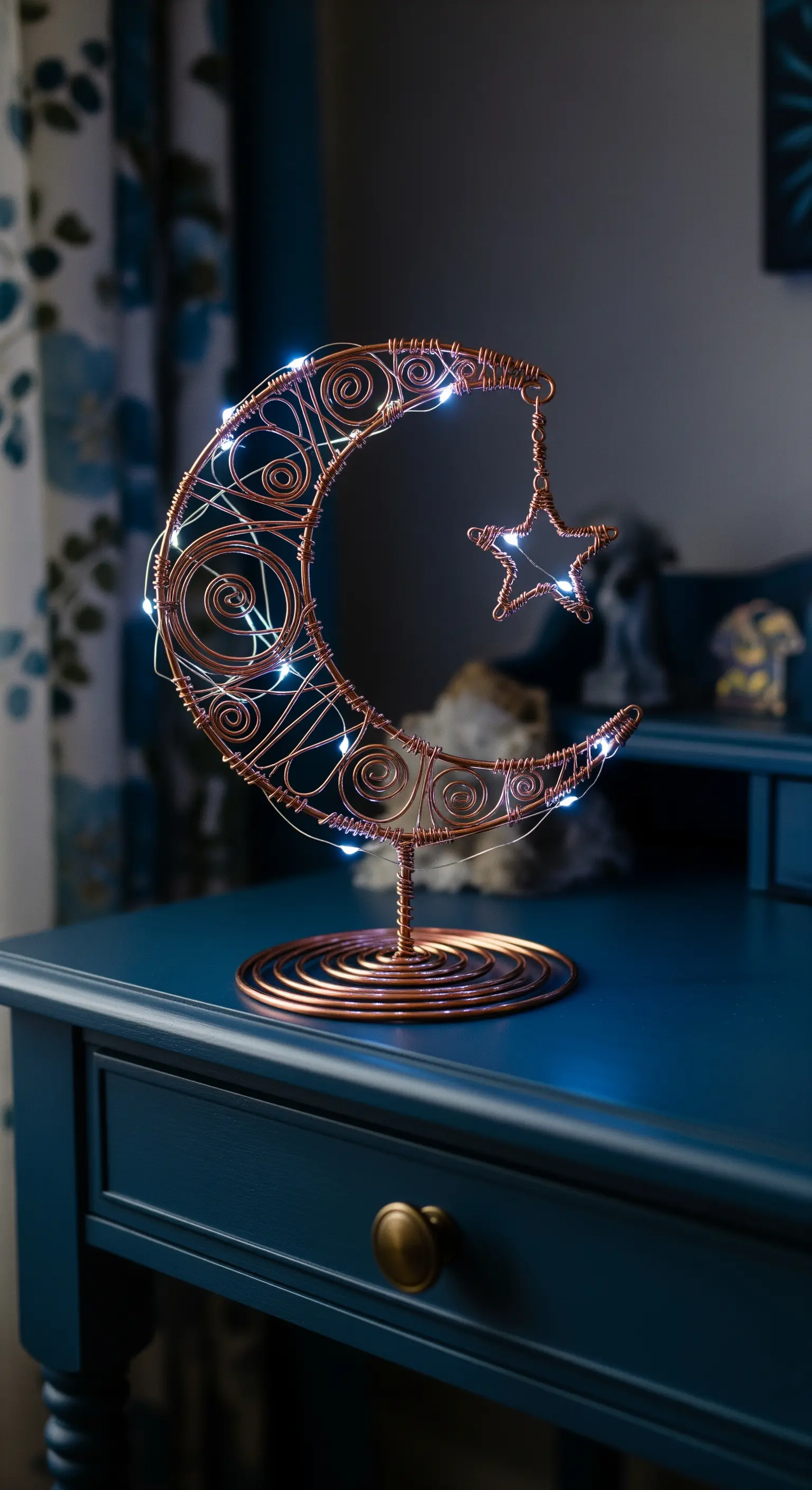 Scultura a forma di luna e stella in filo di rame, decorata con luci a LED bianche.