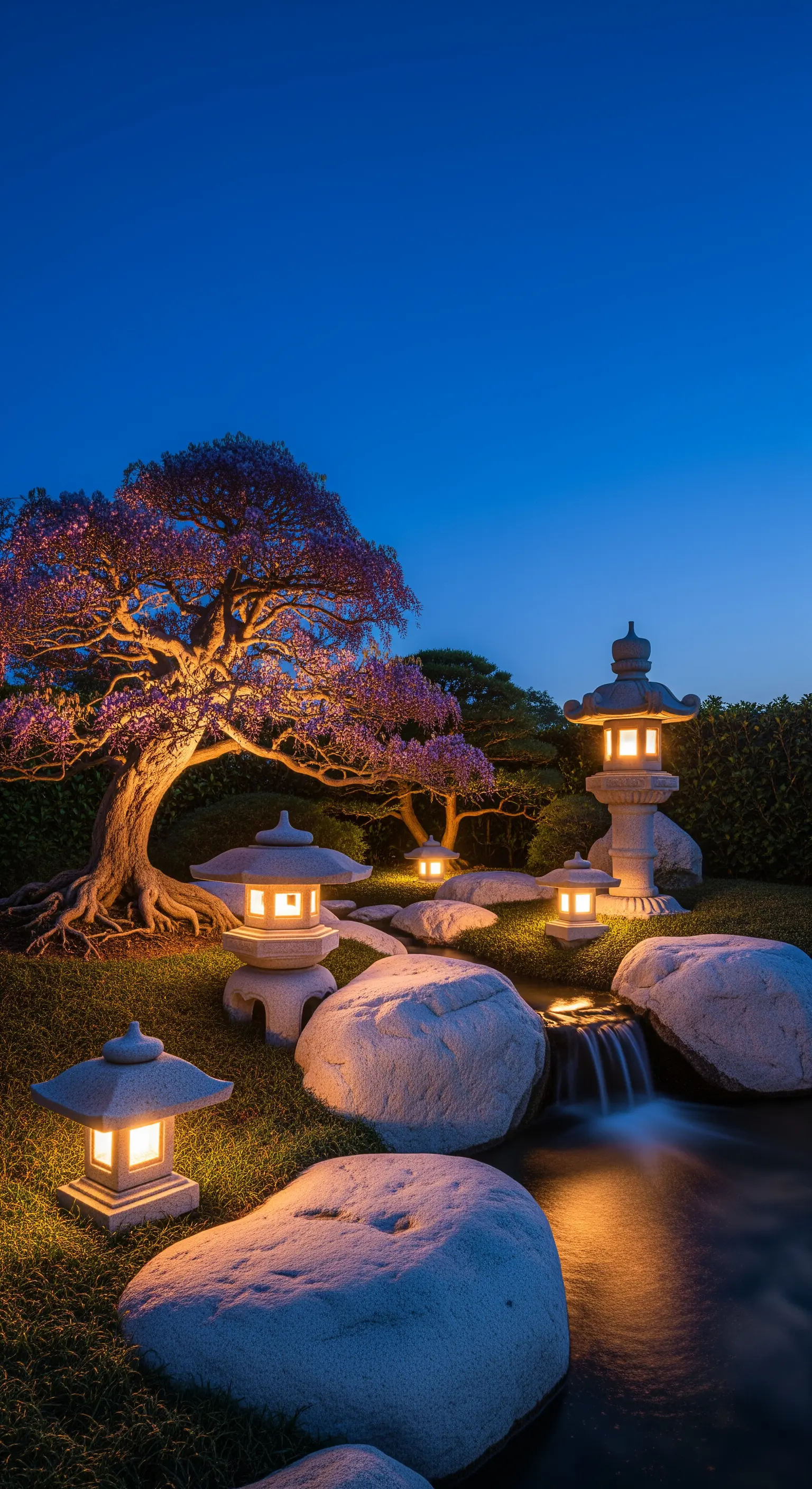 Giardino giapponese di notte illuminato da lanterne di pietra, con alberi e una piccola cascata