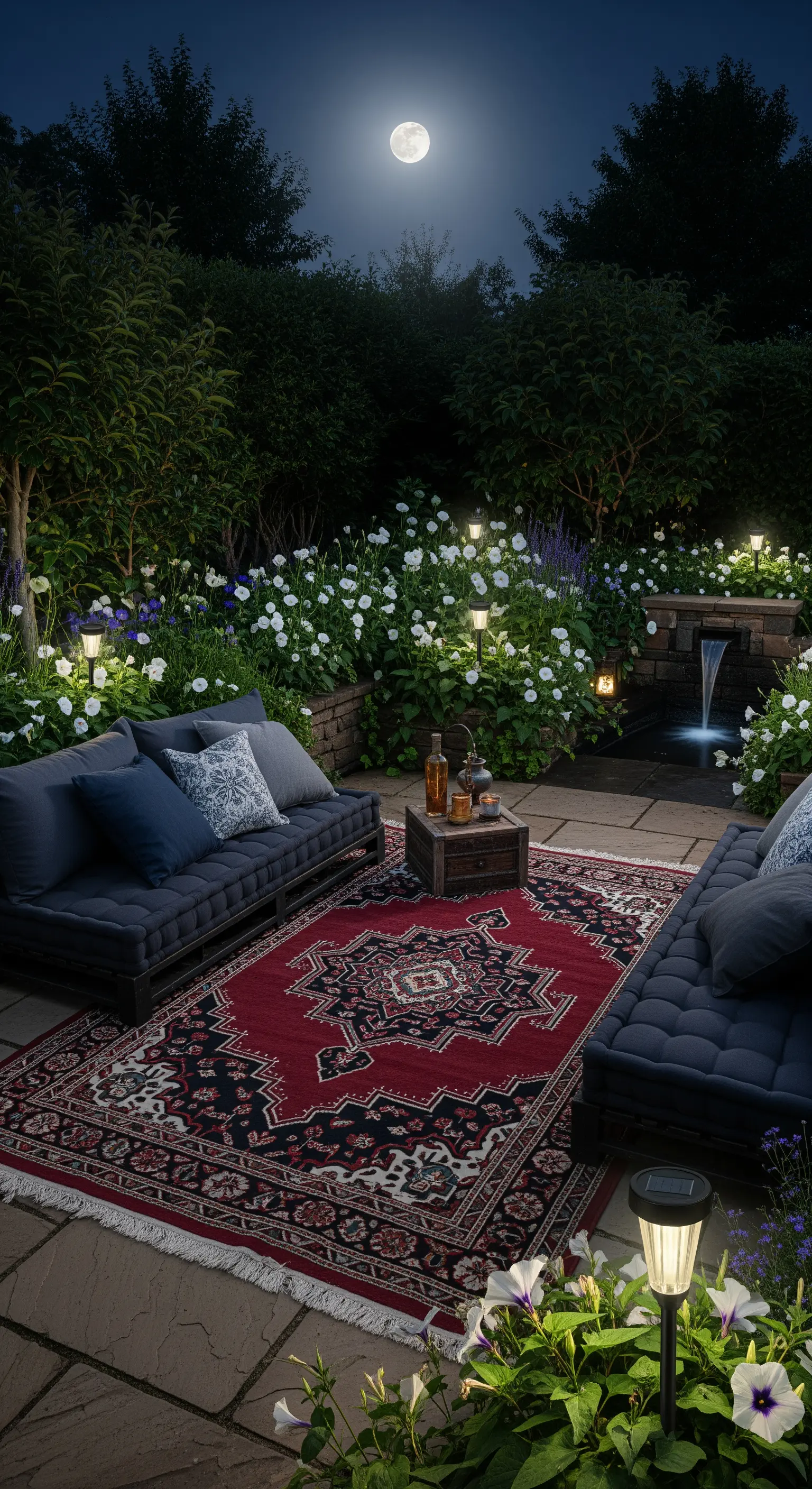 Giardino di notte con divani bassi, tappeto rosso, luci solari e una piccola fontana.