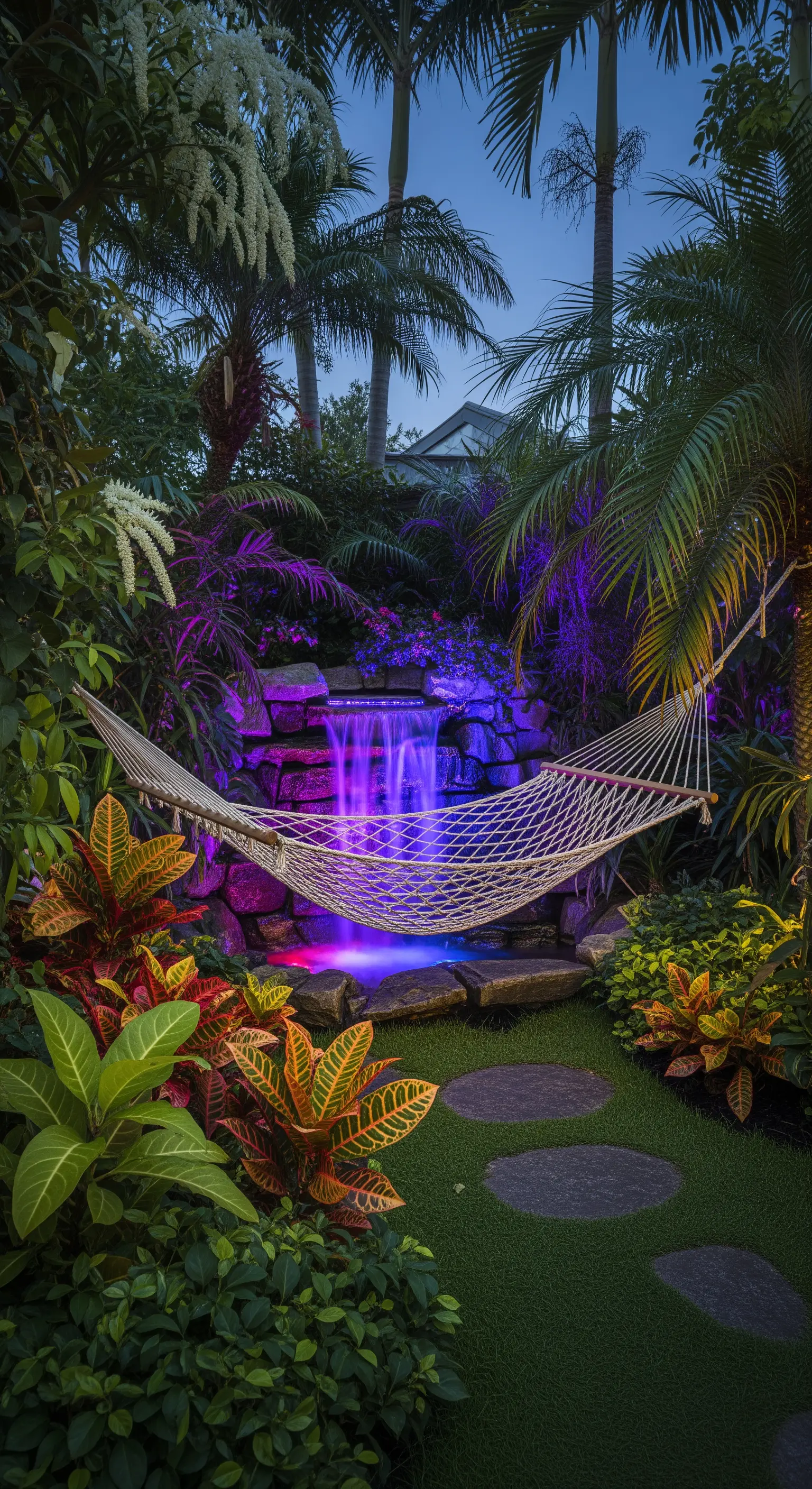 Giardino tropicale illuminato di notte con luci a LED viola e blu su cascata e piante