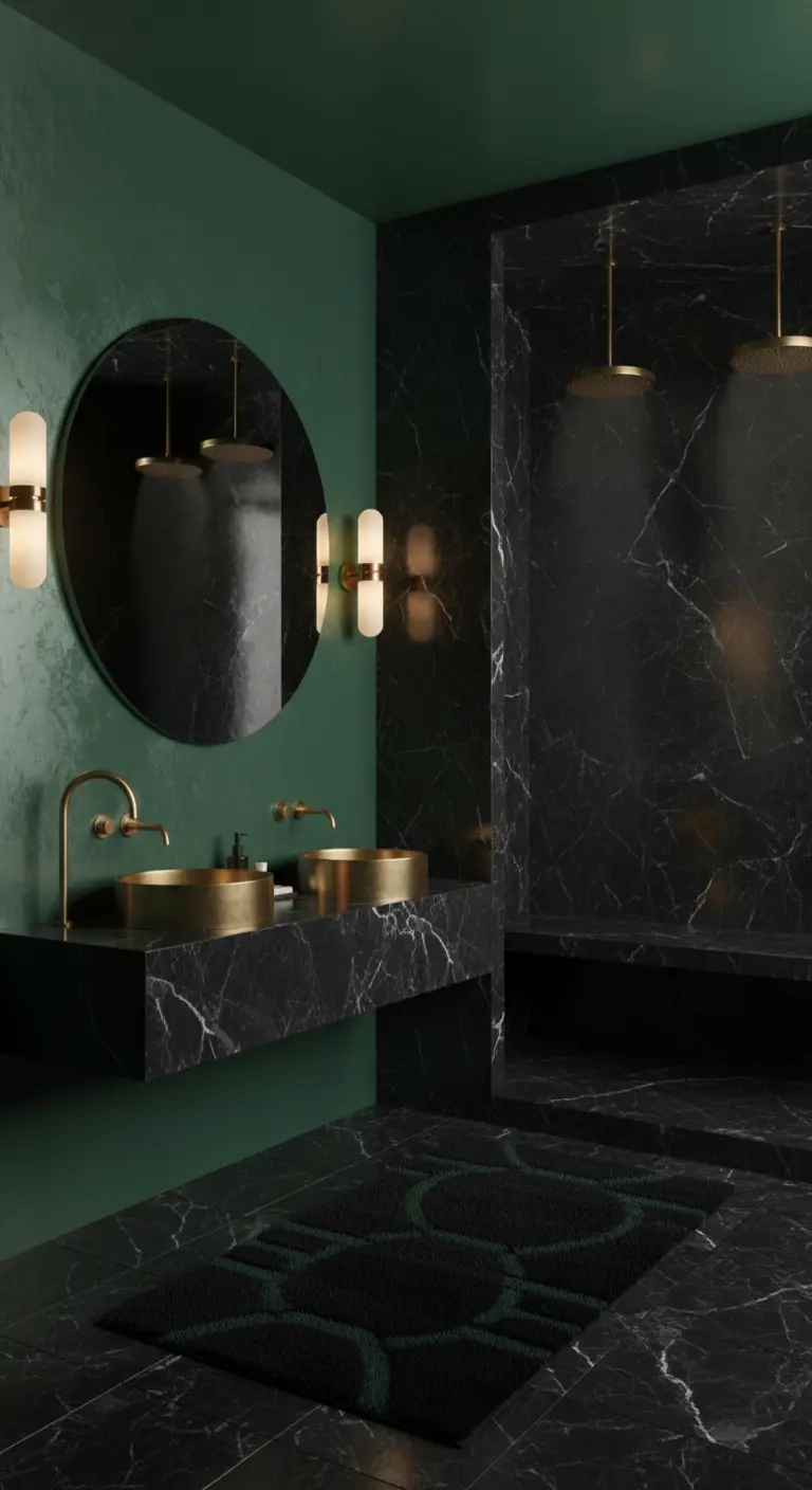 Bagno di lusso con marmo nero, pareti verde scuro, lavabi e rubinetteria dorati.