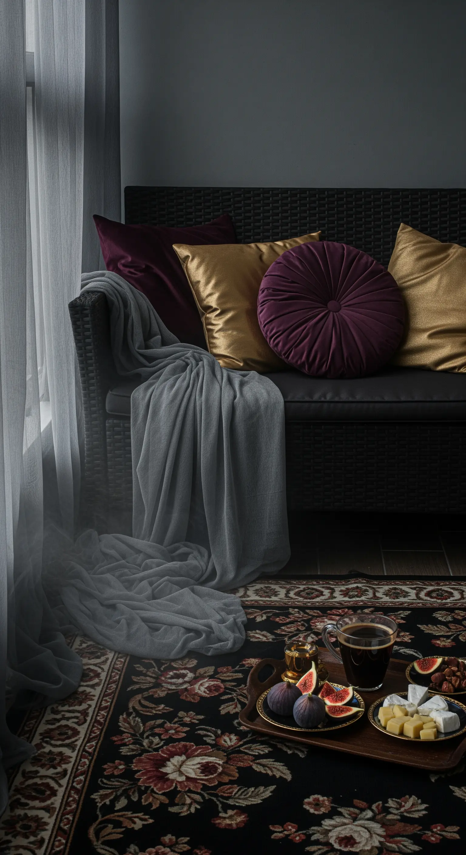 Angolo relax serale su un balcone con divano scuro, cuscini in velluto e tappeto floreale scuro.