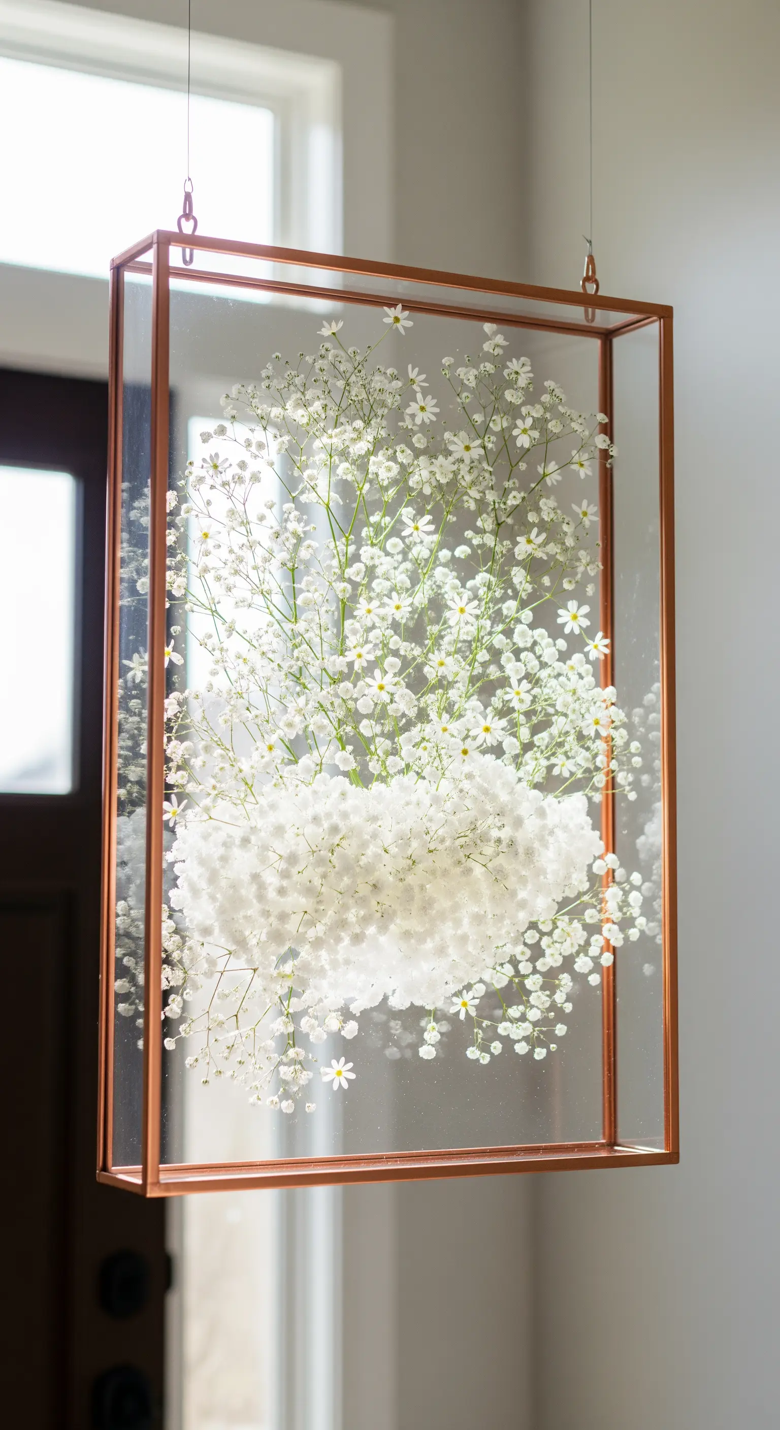 Cornice 3D in rame con una composizione voluminosa di gypsophila bianca.
