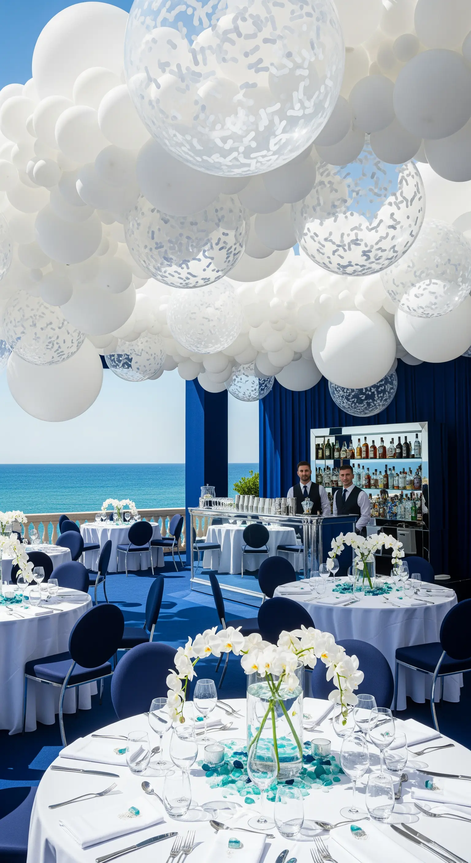 Allestimento elegante con soffitto coperto di palloncini bianchi e trasparenti vista mare.
