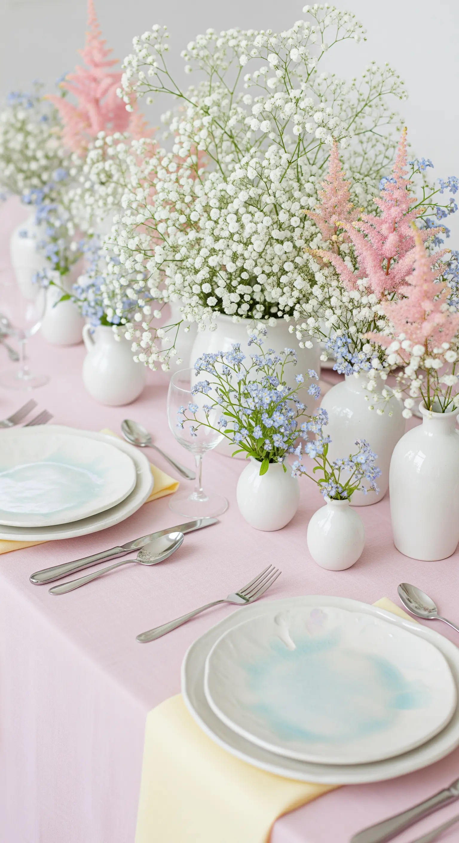 Tavola rosa con grandi mazzi di gypsophila bianca e astilbe rosa in vasi bianchi.