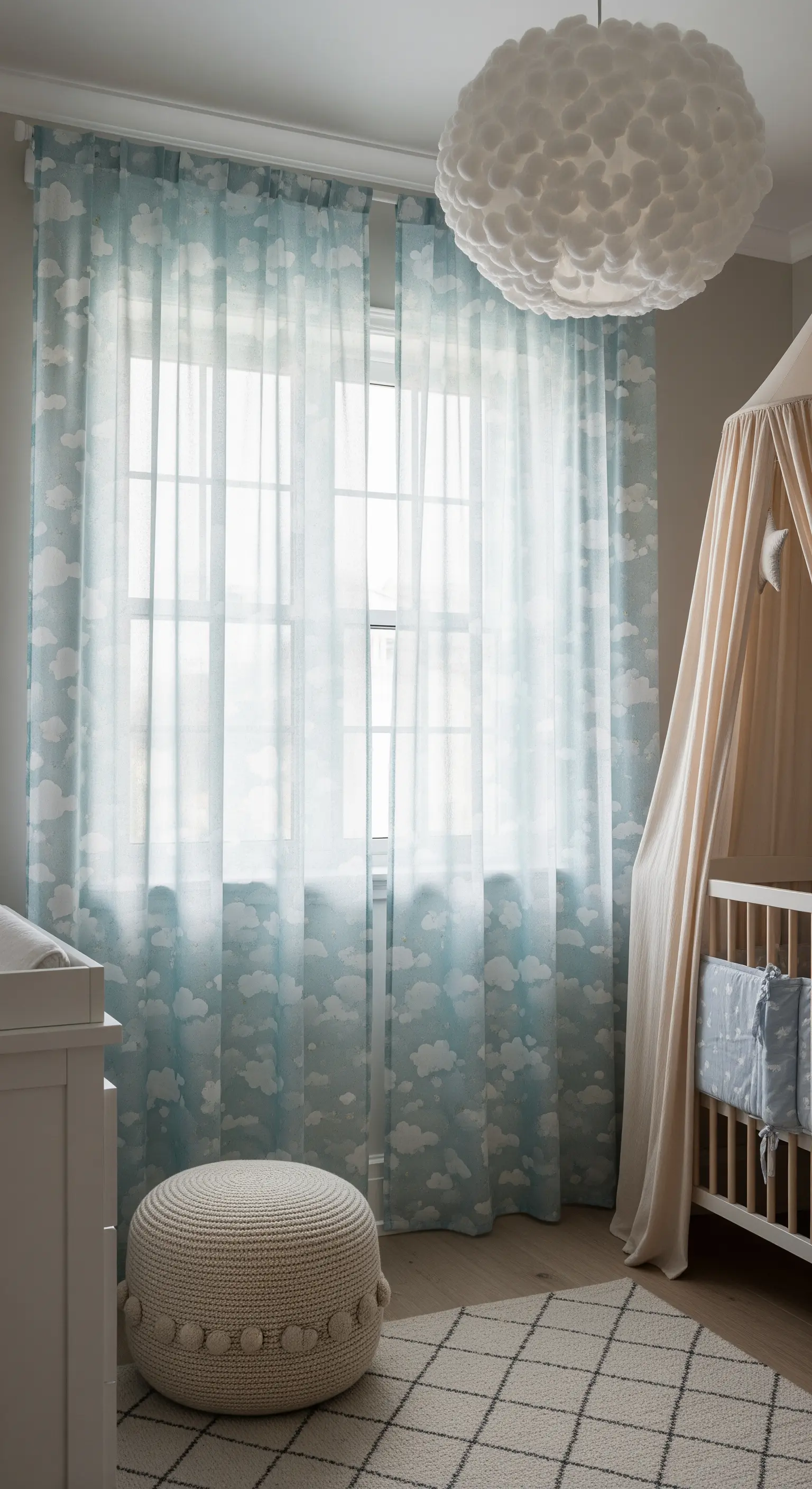 Tende azzurre in tessuto velato con un delicato motivo di nuvole bianche in una cameretta per bambini.