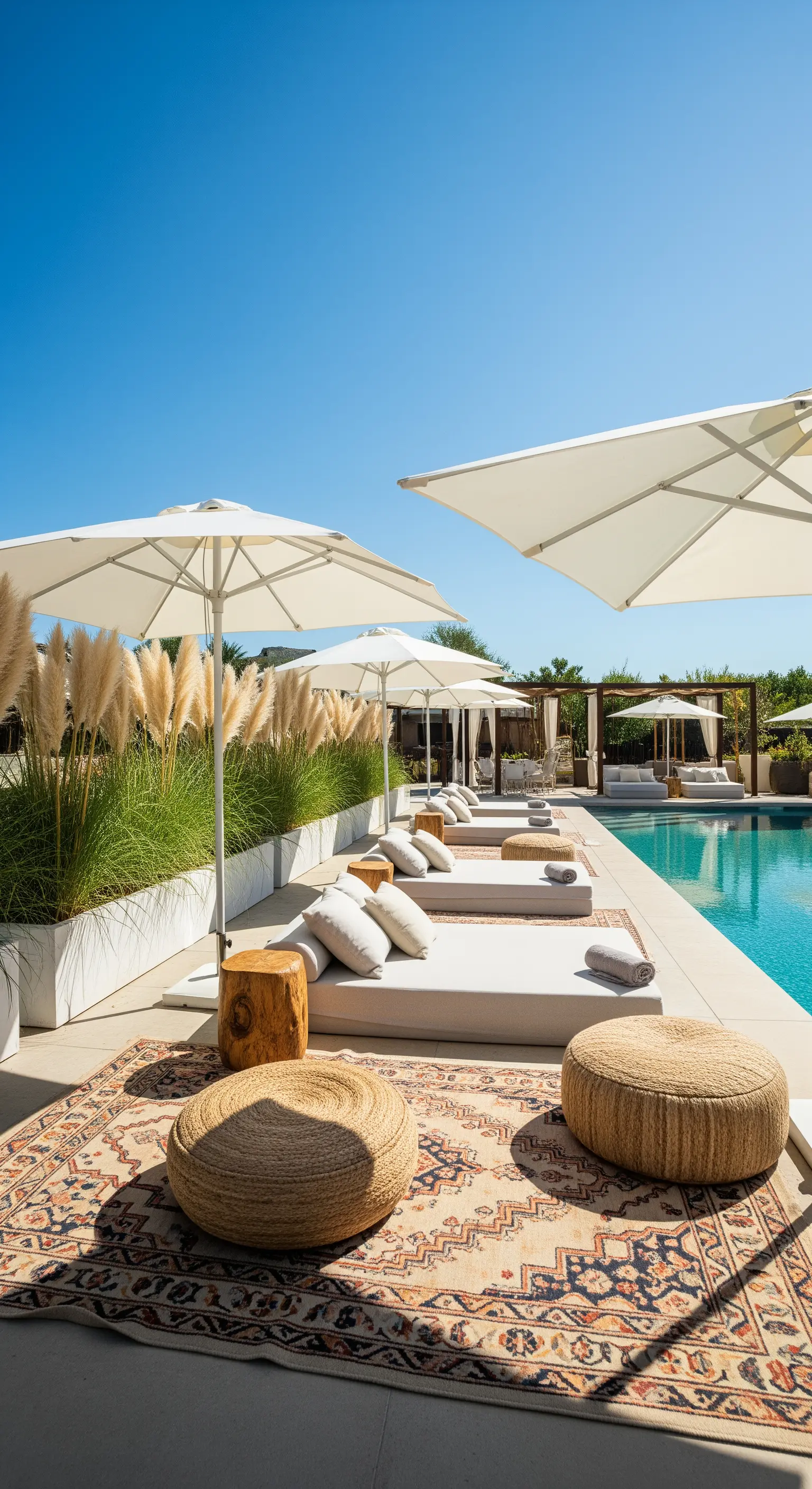 Bordo piscina con lettini, tappeti in iuta, pouf intrecciati e tronchi come tavolini.