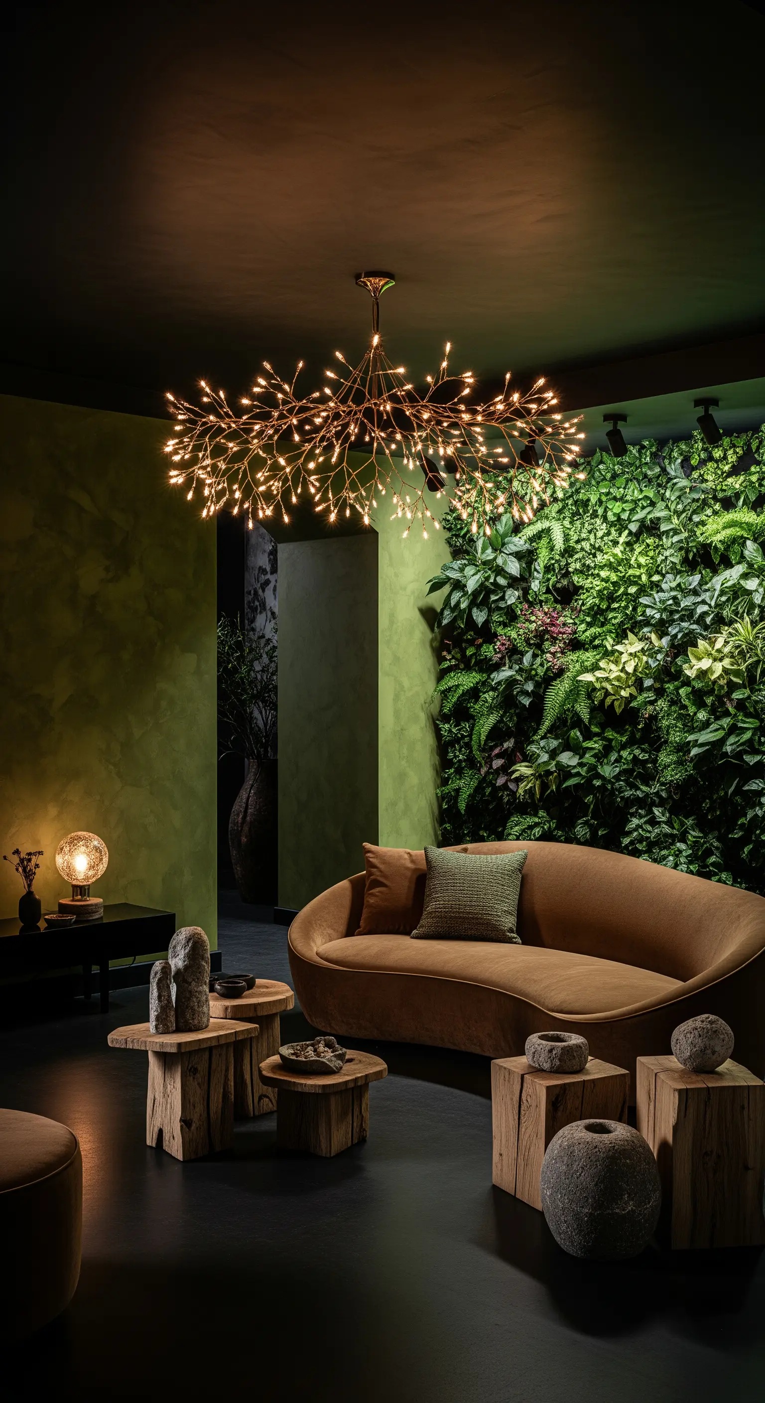 Salotto con parete vegetale verticale, divano curvo e lampadario a forma di rami.
