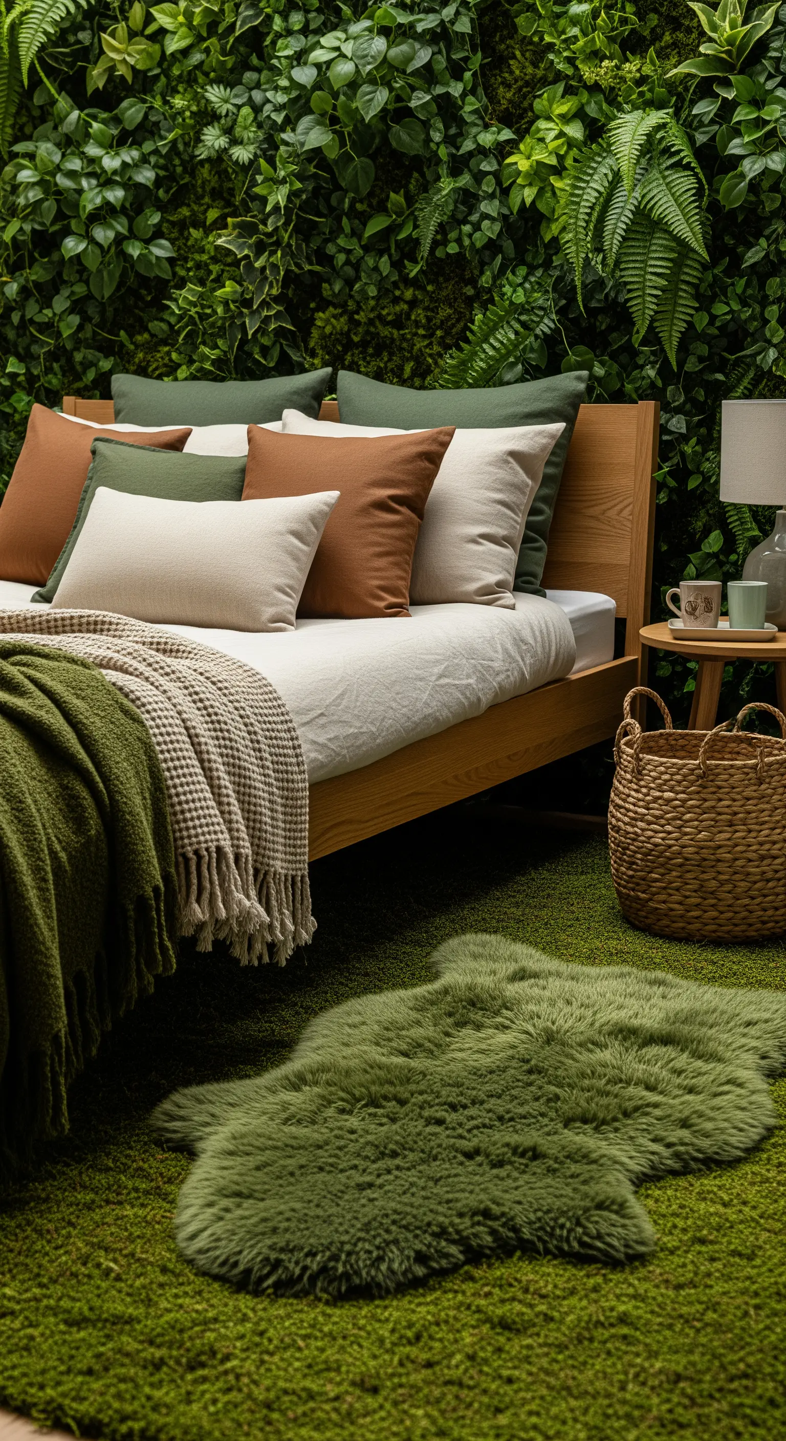 Camera da letto con una parete verde verticale, letto in legno chiaro e tappeto verde a forma di pelle di pecora.