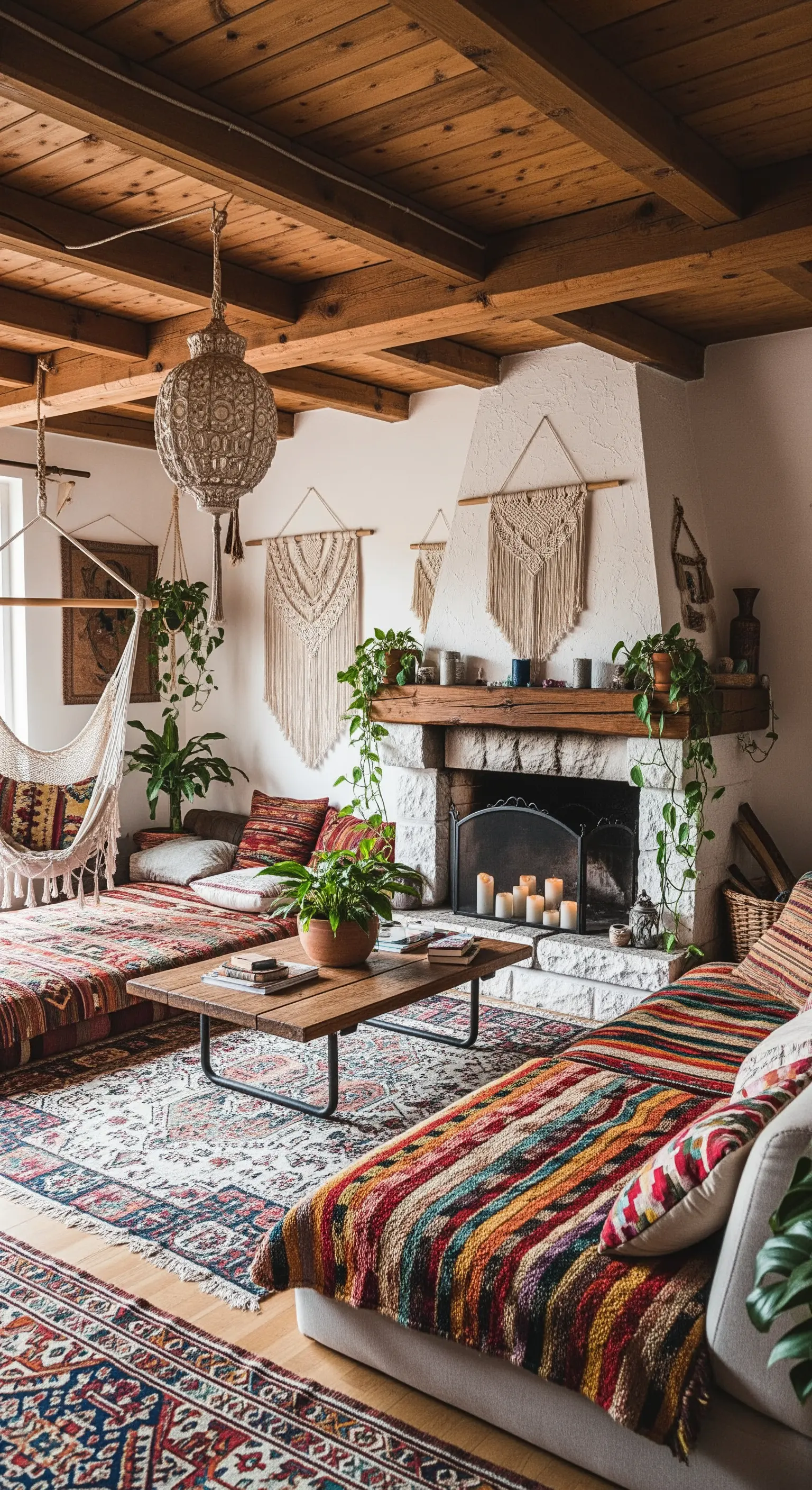 Soggiorno bohémien con sedute basse, tappeti sovrapposti e decorazioni in macramè