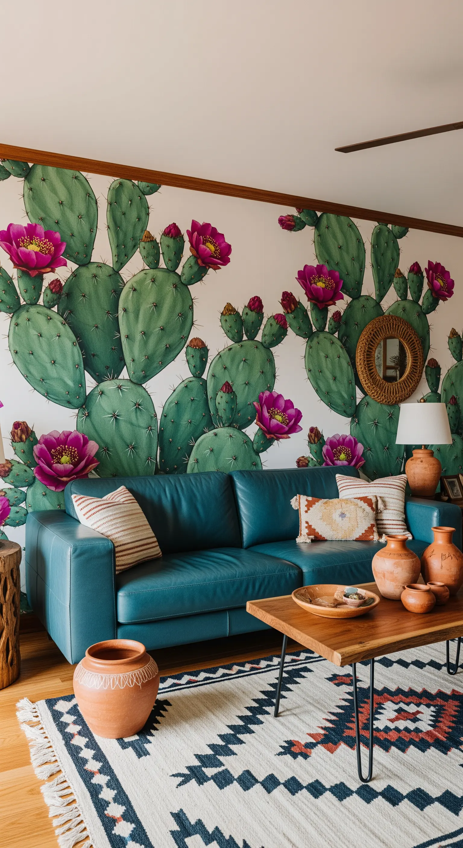 Salotto boho-chic con carta da parati a fichi d'india e un divano in pelle blu-verde.
