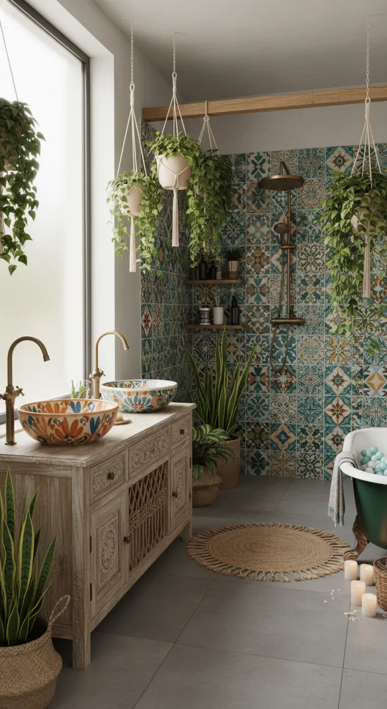 Bagno in stile bohémien con piastrelle decorate, piante sospese e lavabi colorati.