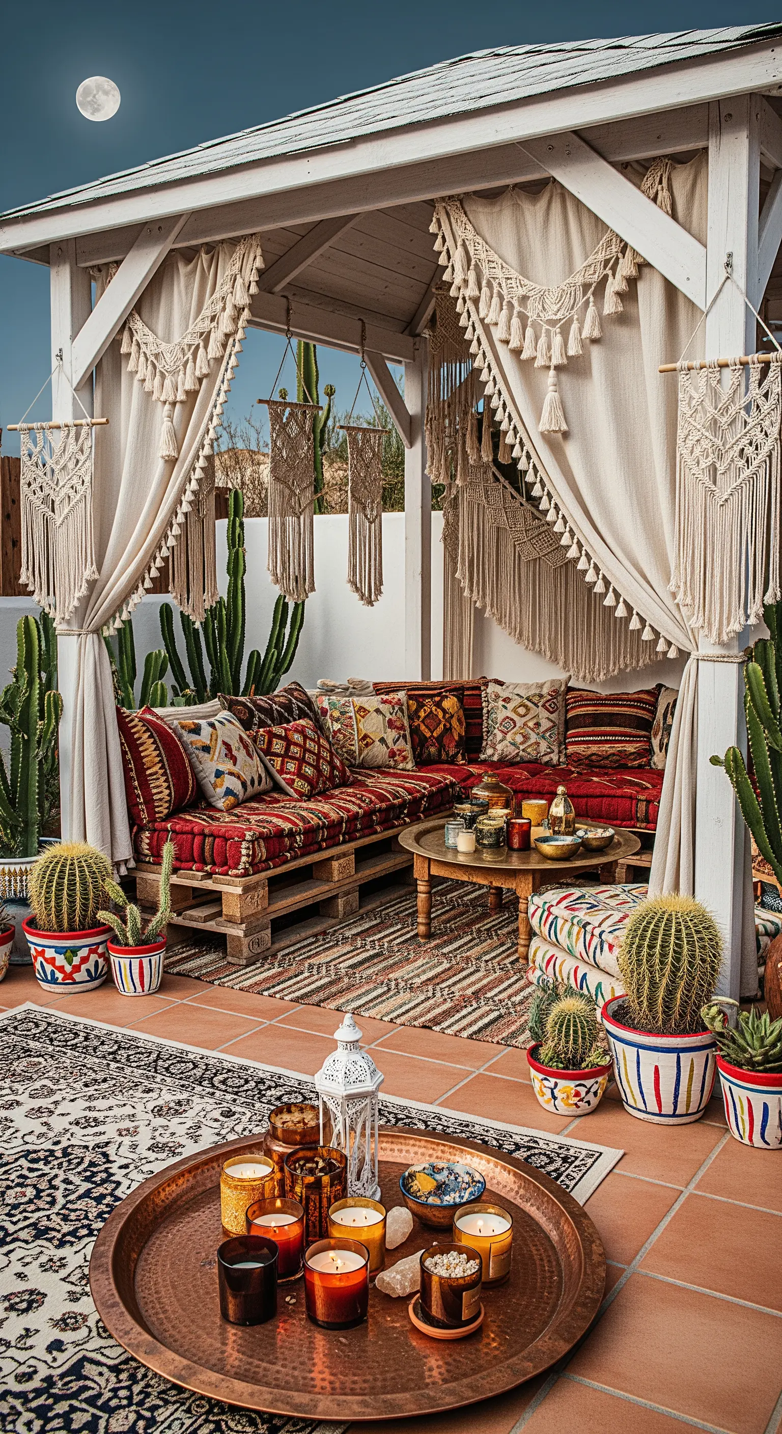 Gazebo bianco con divani bassi in pallet, cuscini etnici, tappeti e decorazioni macramè.