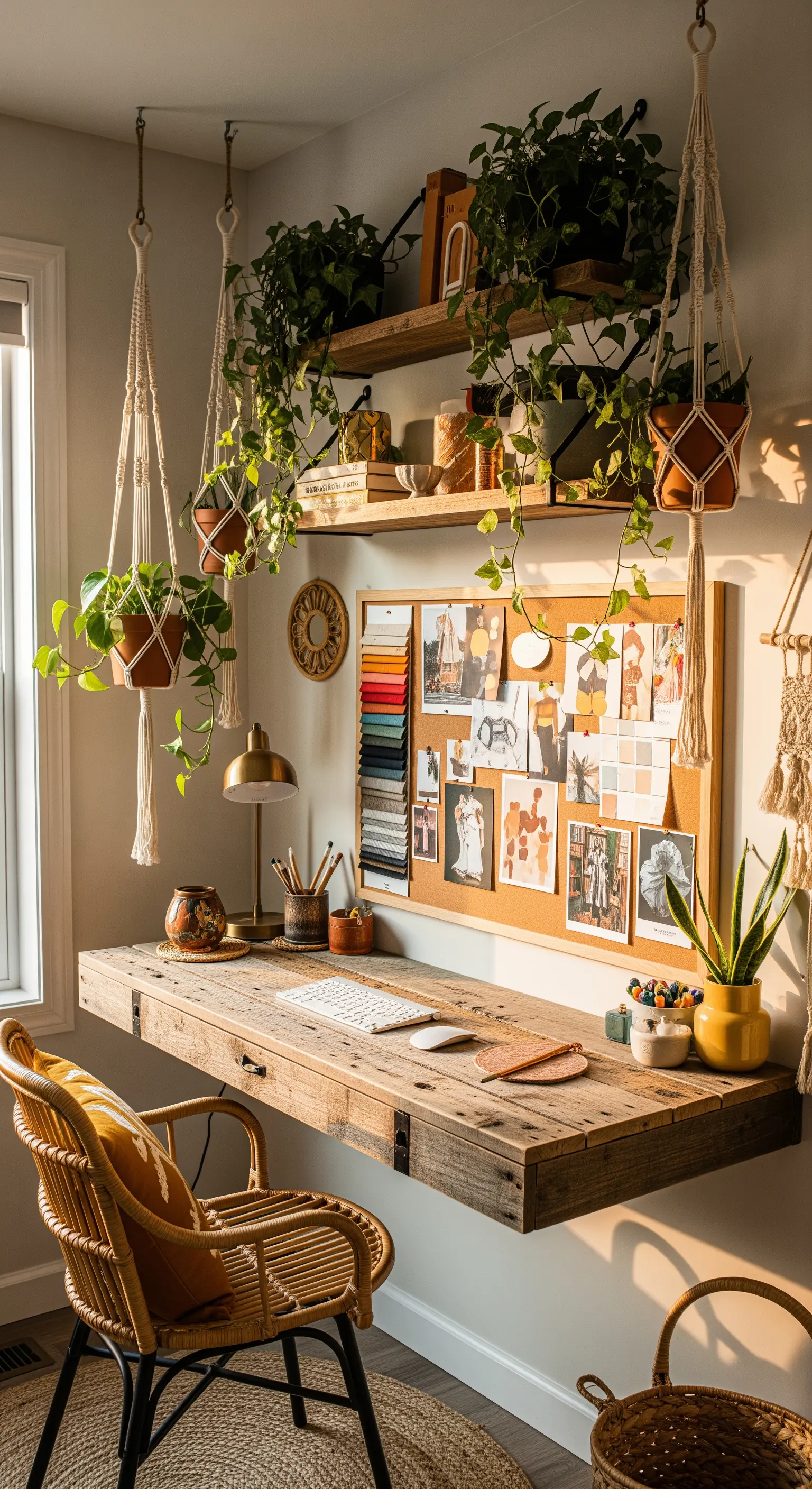 Postazione di lavoro boho con scrivania in legno grezzo, piante appese e bacheca in sughero.