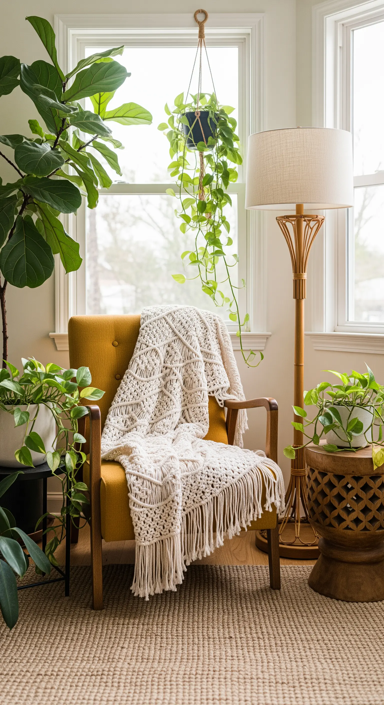 Poltrona senape in un angolo luminoso, coperta in macramè e circondata da piante verdi.