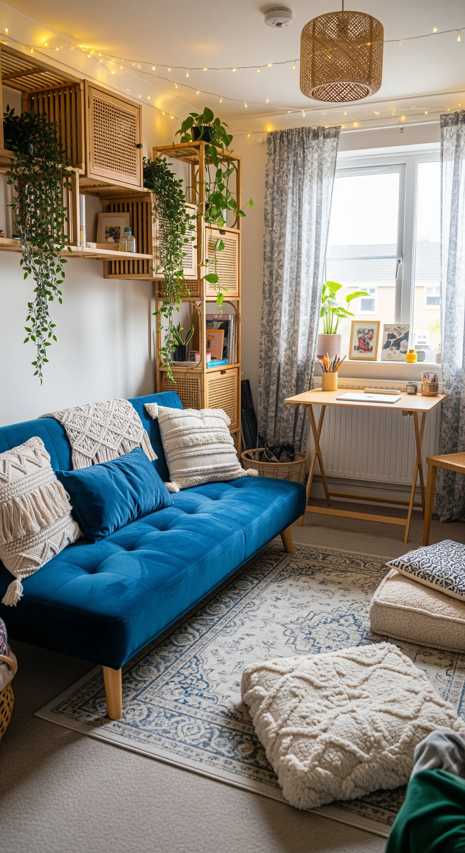 Salotto boho con divano in velluto blu, mensole in rattan e luci a stringa.