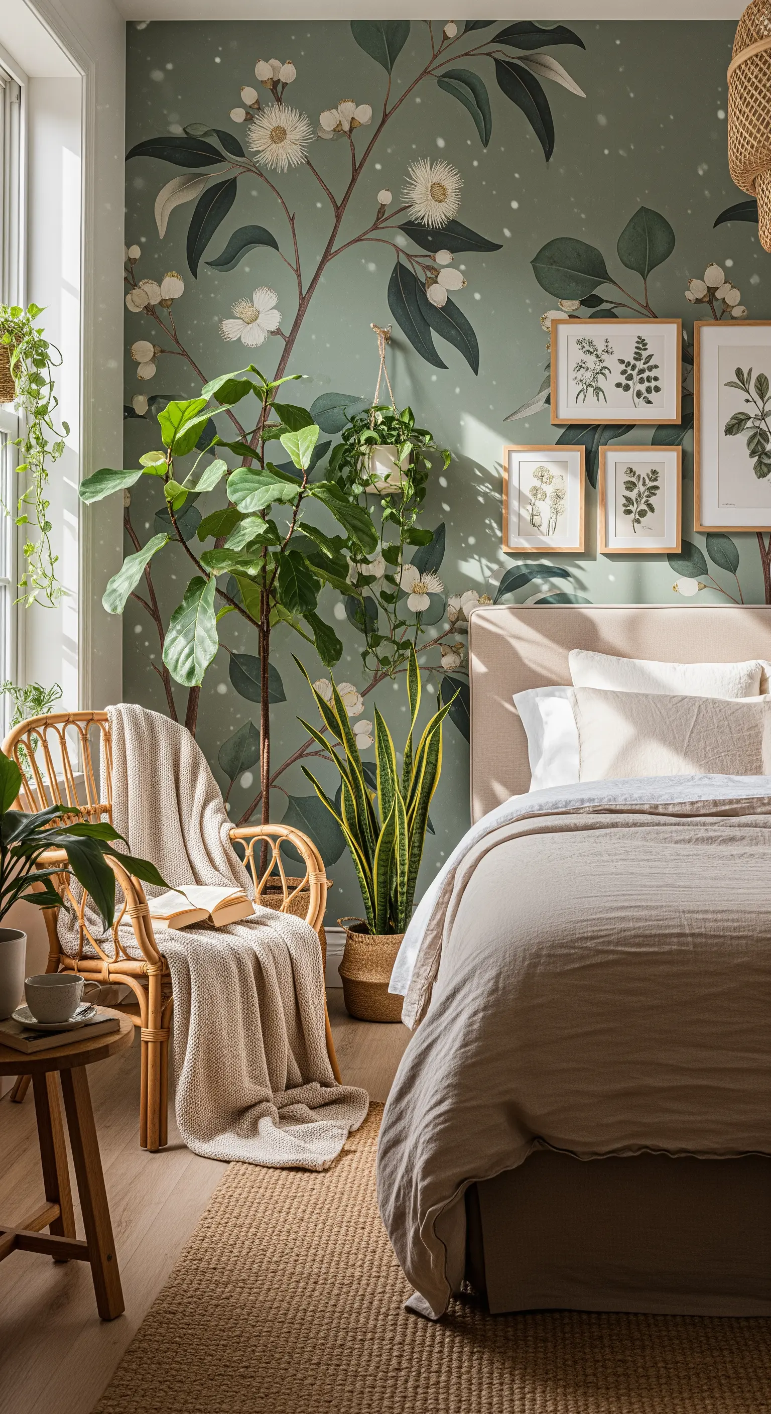 Carta da parati con foglie di eucalipto in una camera piena di piante e materiali naturali.