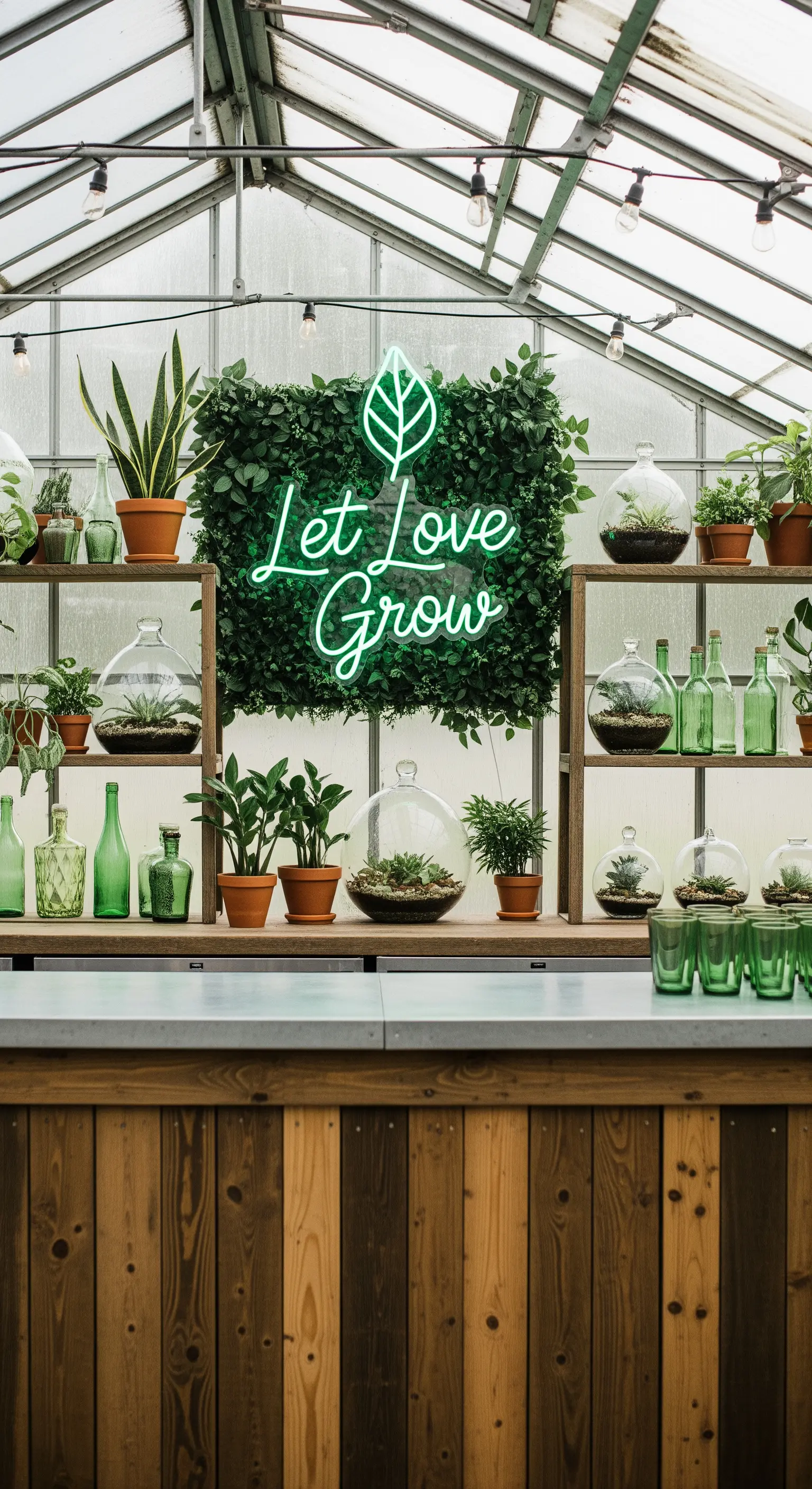 Neon verde “Let Love Grow” in una serra, circondato da piante, terrari e vasi.