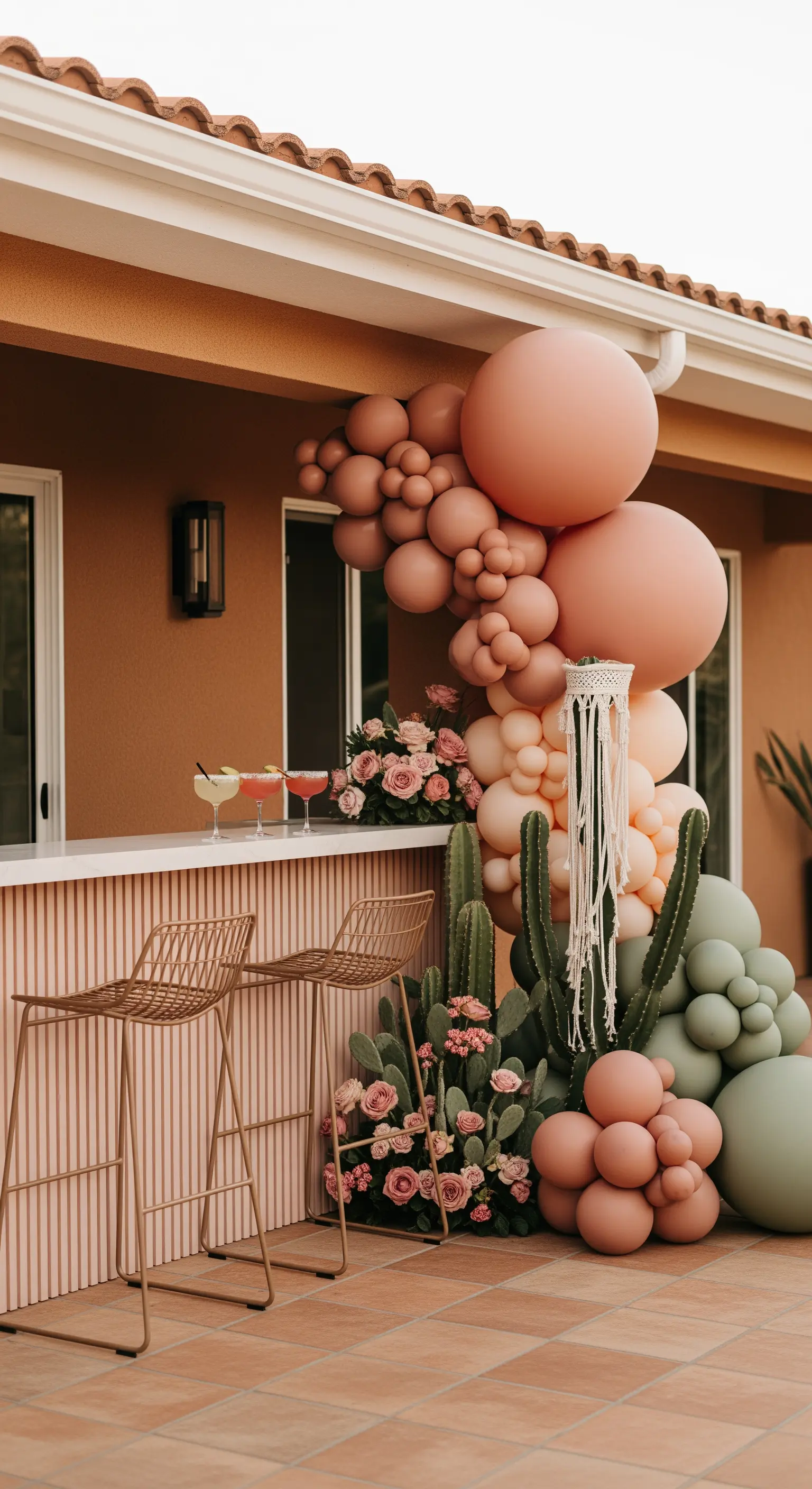 Angolo bar in stile desert-chic con palloncini color terracotta e cactus veri.