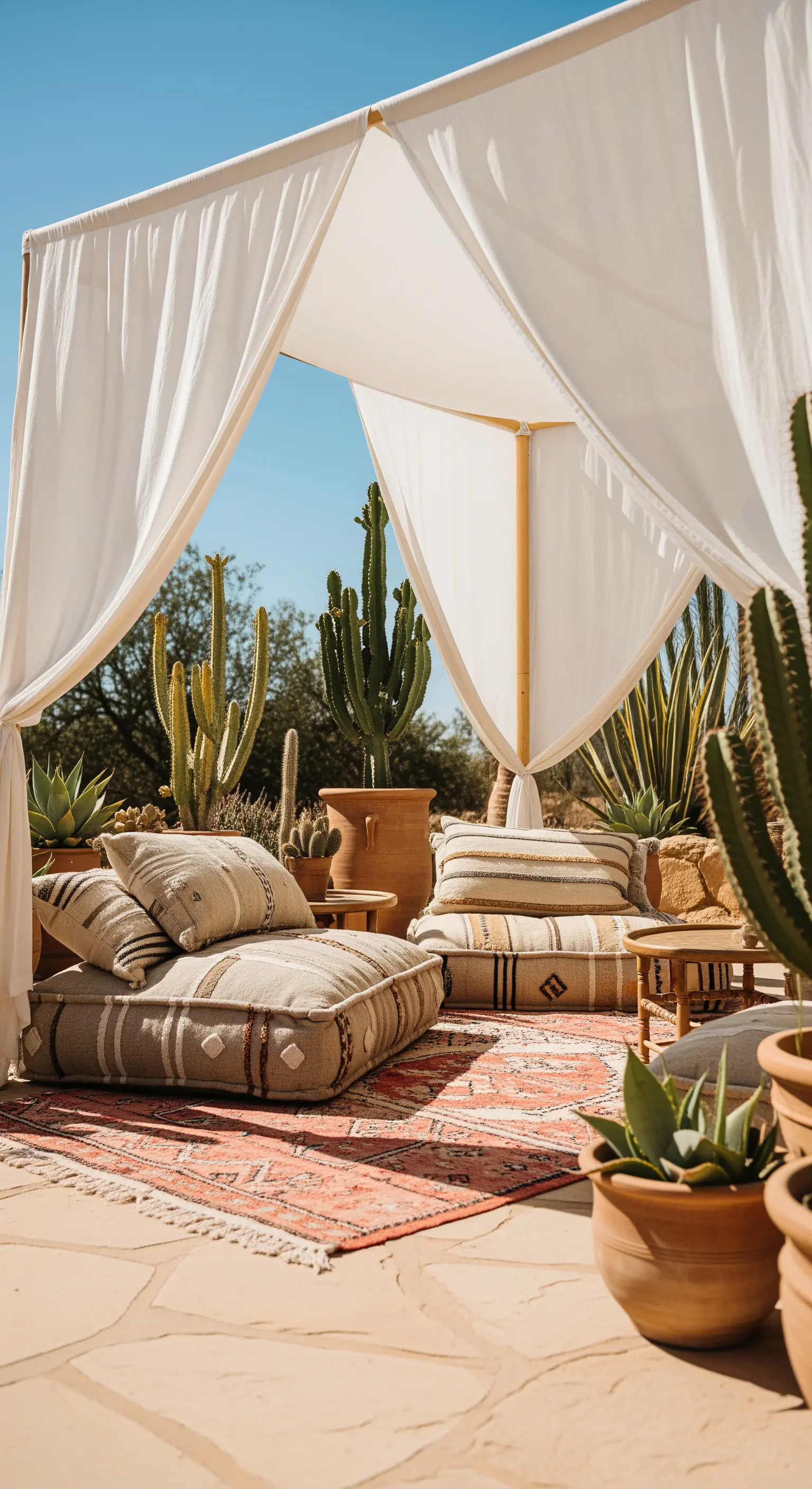 Tenda-baldacchino con cuscini a terra color sabbia e tappeto kilim in contesto desertico.