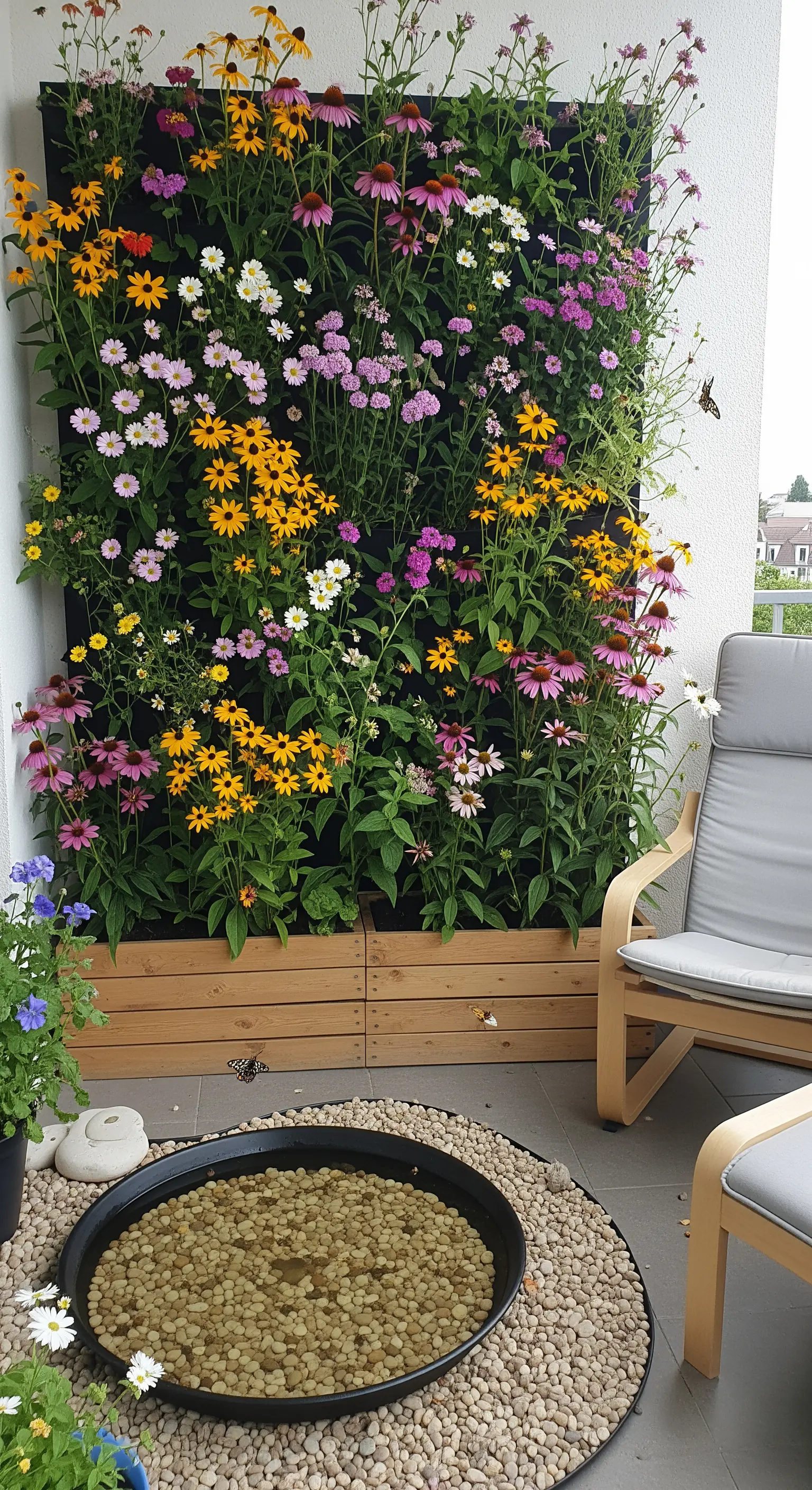 Parete verticale di fiori di campo su un balcone, con una bacinella d'acqua per le farfalle.