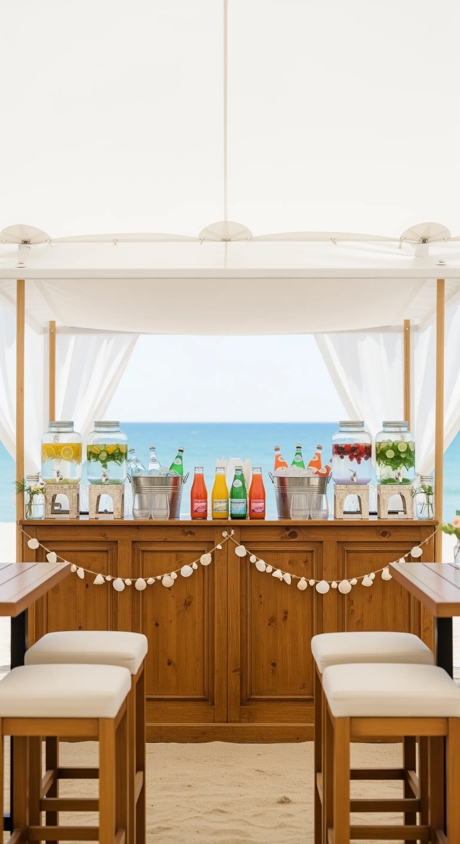 Bar sulla spiaggia con dispenser di bevande fresche e una ghirlanda di conchiglie.