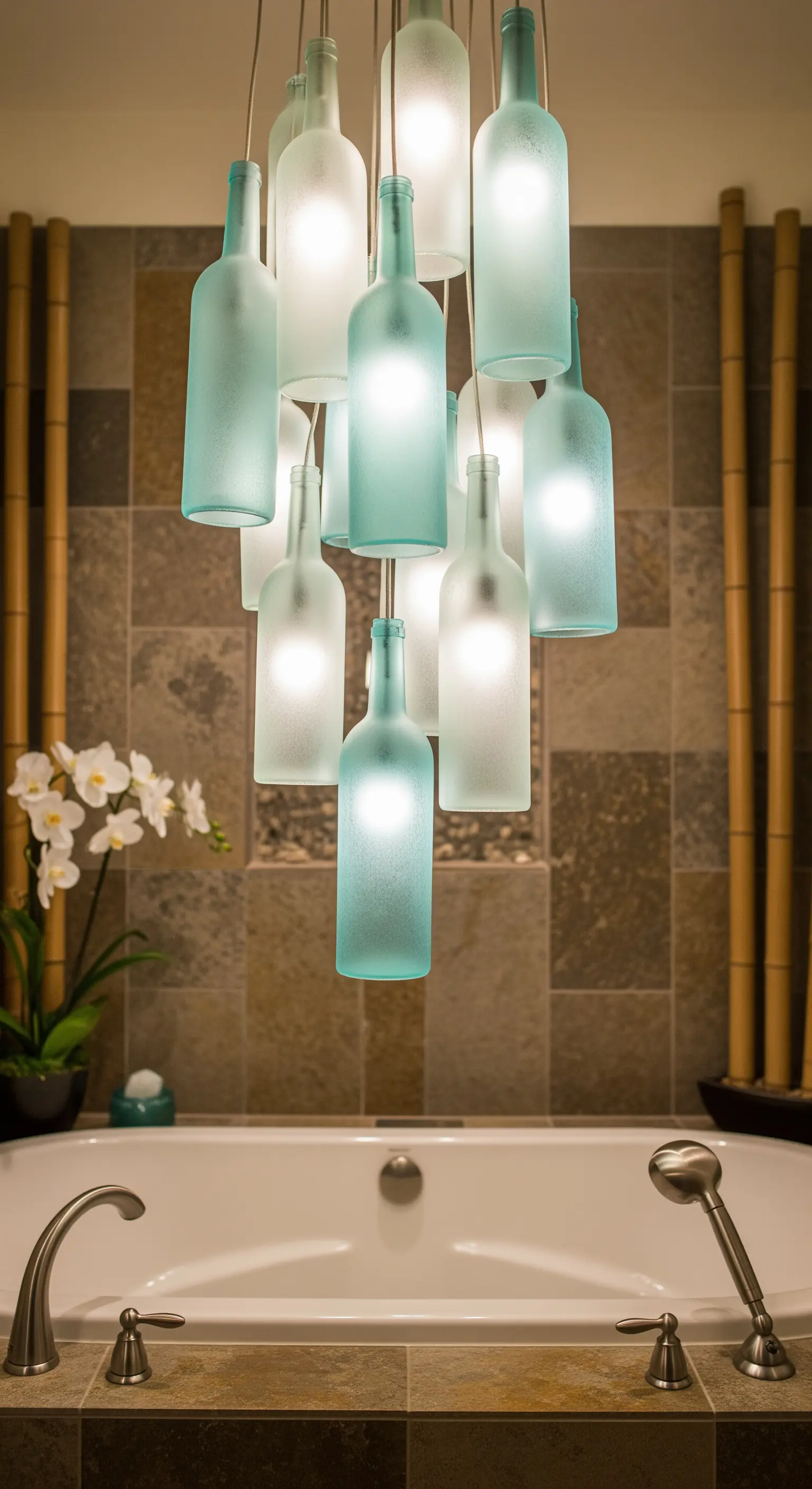 Grappolo di bottiglie di vetro satinato verde acqua e bianco sopra una vasca da bagno.