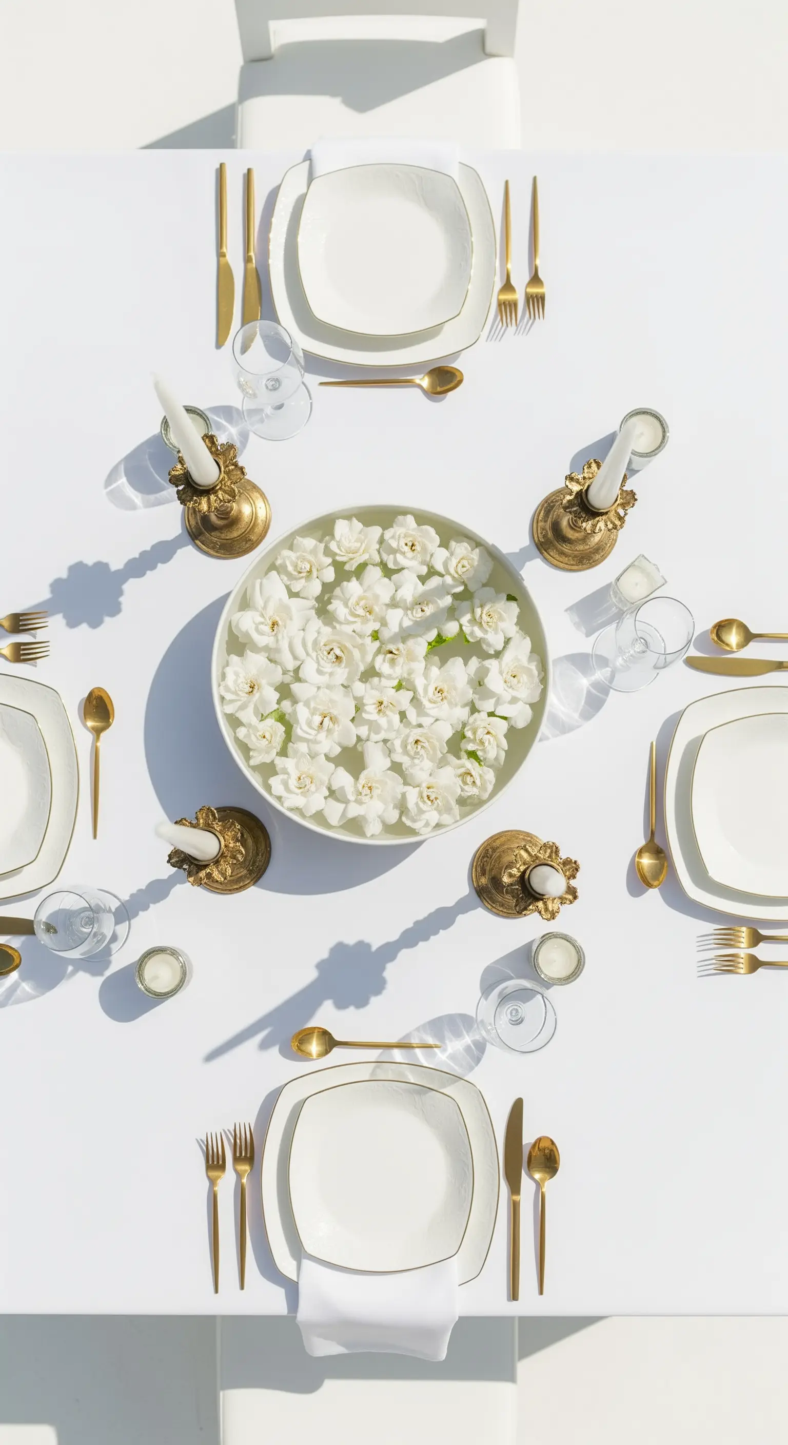 Tavola bianca vista dall'alto con una ciotola d'acqua e gardenie galleggianti.