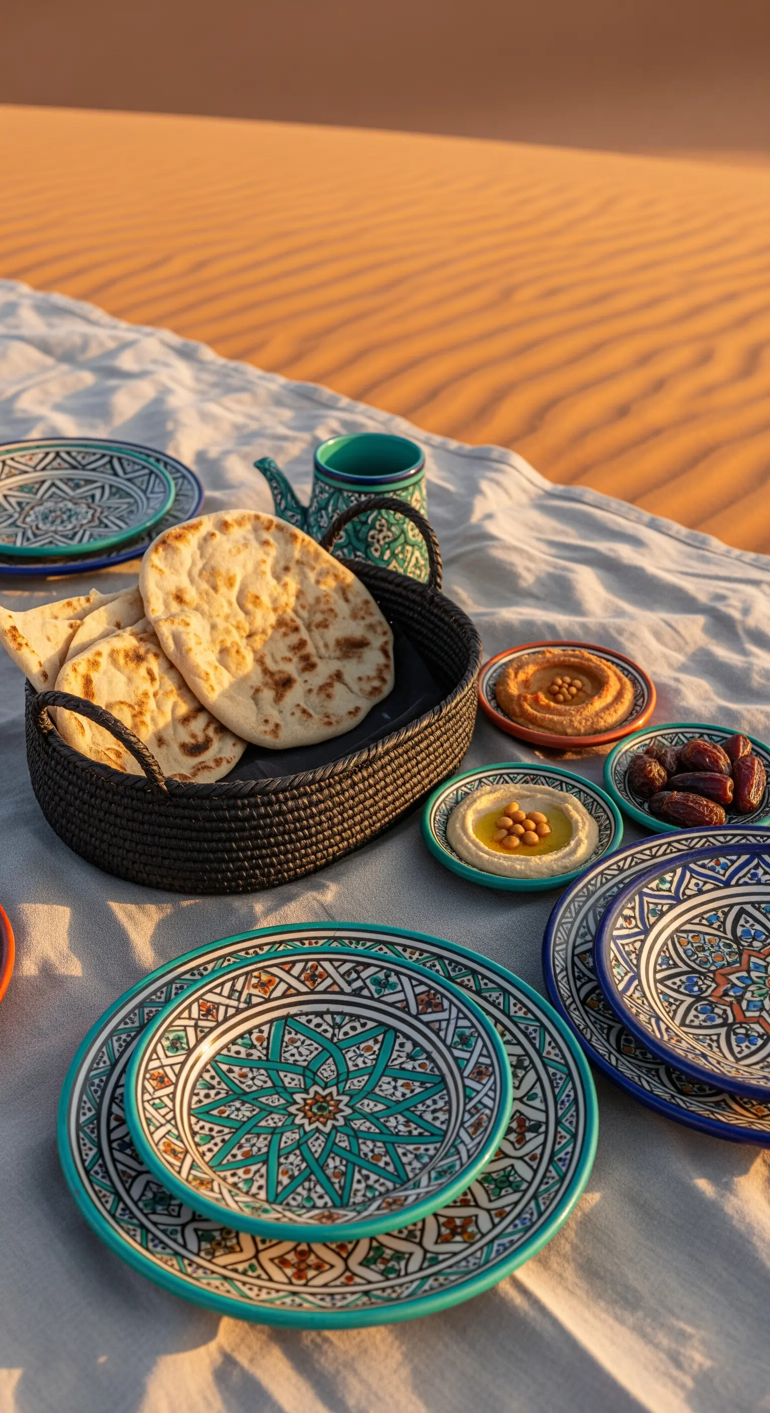 Picnic nel deserto con piatti in stile marocchino, pane pita, hummus e datteri.