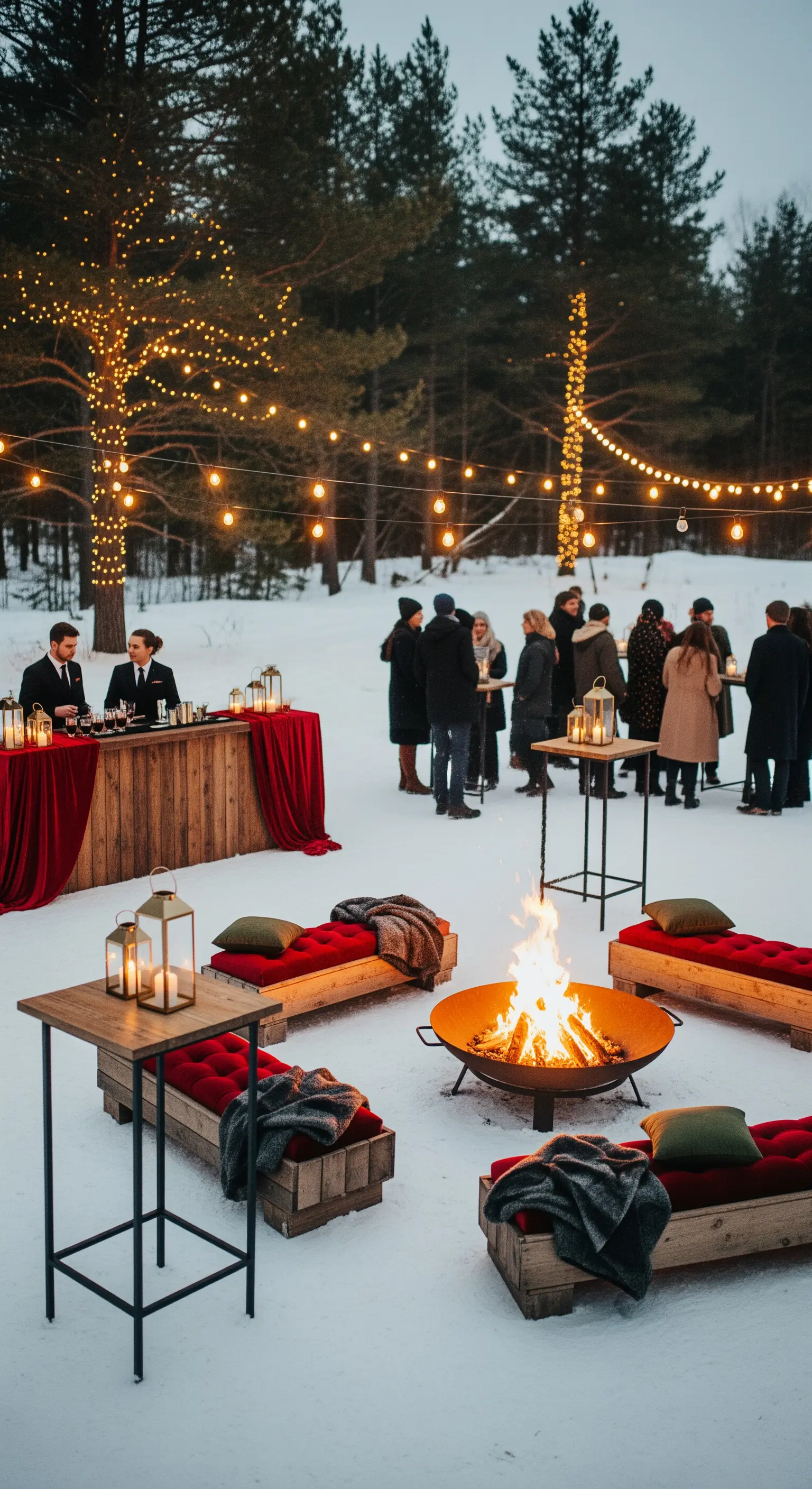 Area lounge esterna sulla neve con braciere acceso, cuscini rossi e luci a catena.