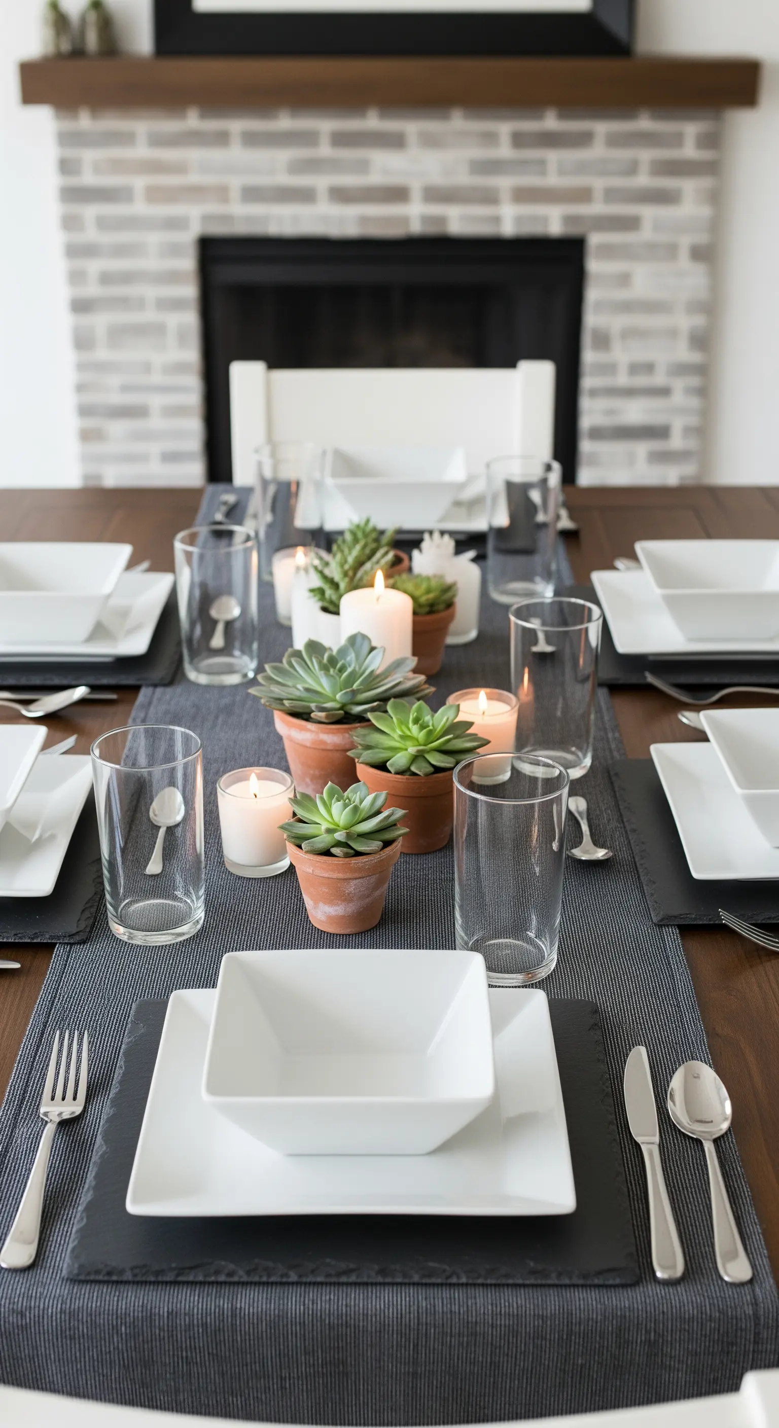 Tavola moderna con runner grigio e centrotavola di piante grasse in vaso e candele.