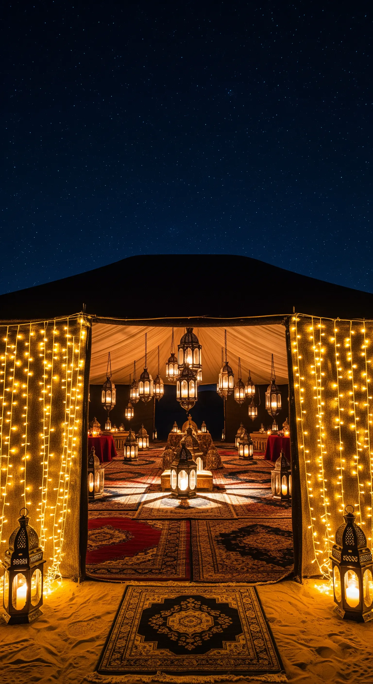 Ingresso di una tenda nel deserto di notte, illuminata da lucine e lanterne marocchine.