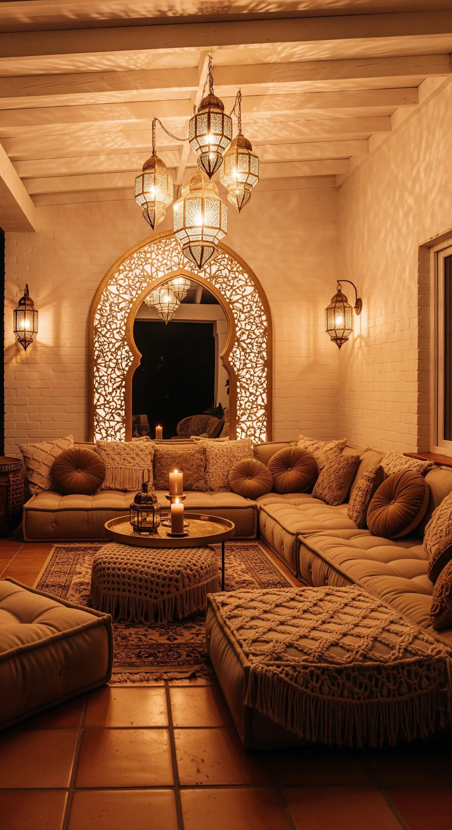 Salotto in stile marocchino con specchio intagliato, divani bassi e lanterne.