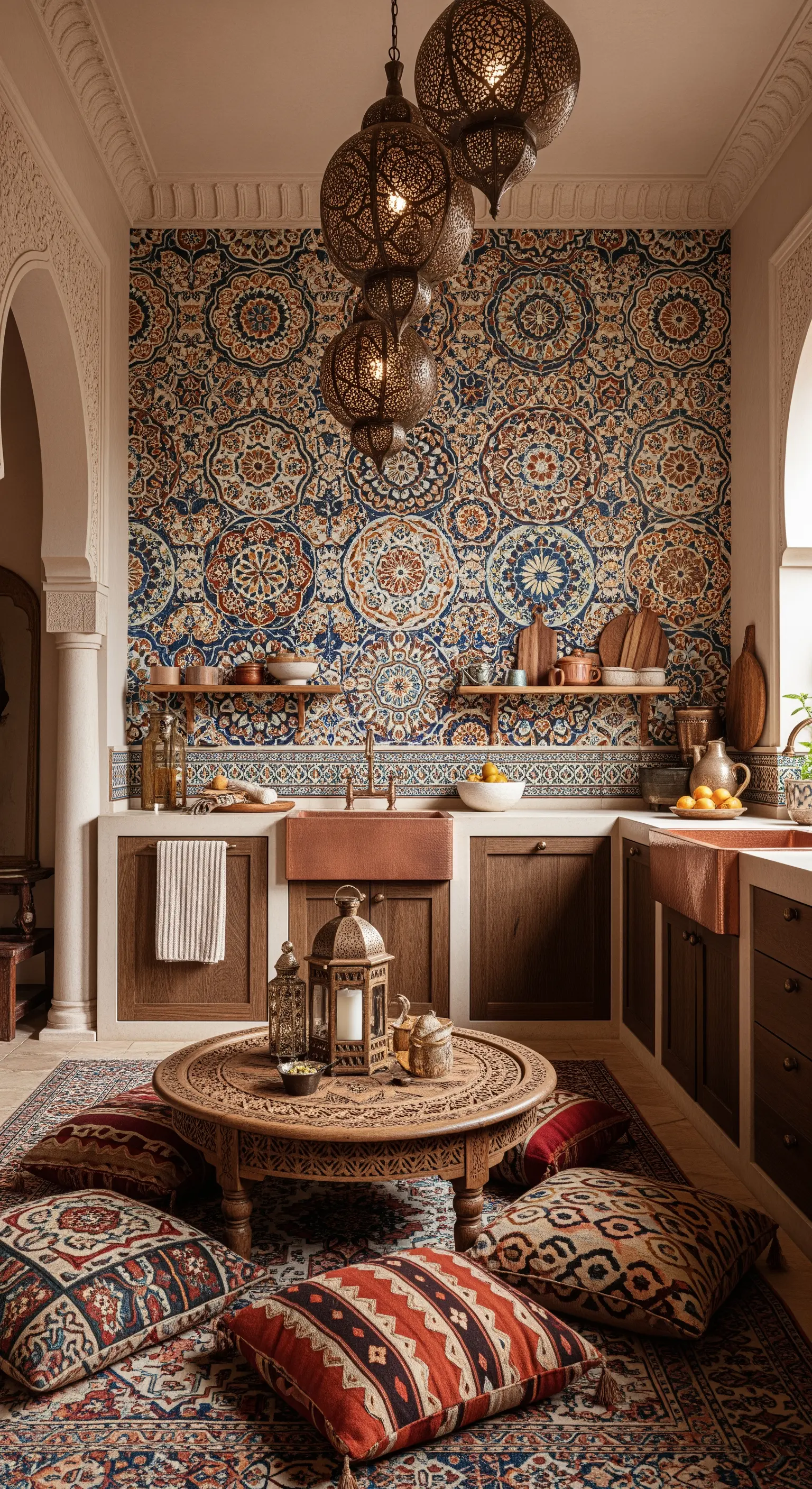 Cucina in stile marocchino con carta da parati a mosaico e sedute basse con cuscini.