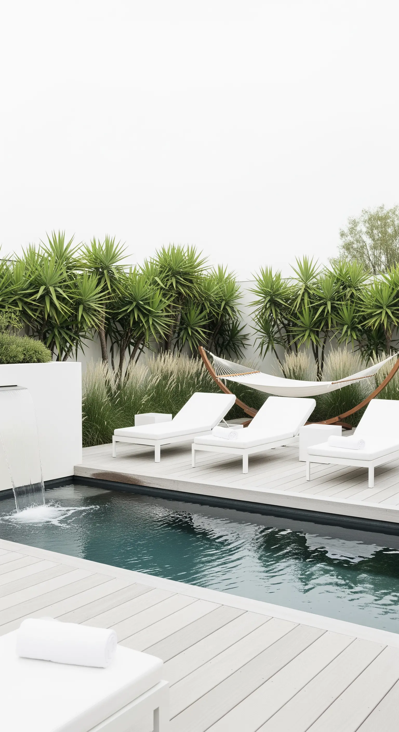 Piscina con pedana in legno bianco, lettini e amaca bianchi, e piante di yucca sullo sfondo