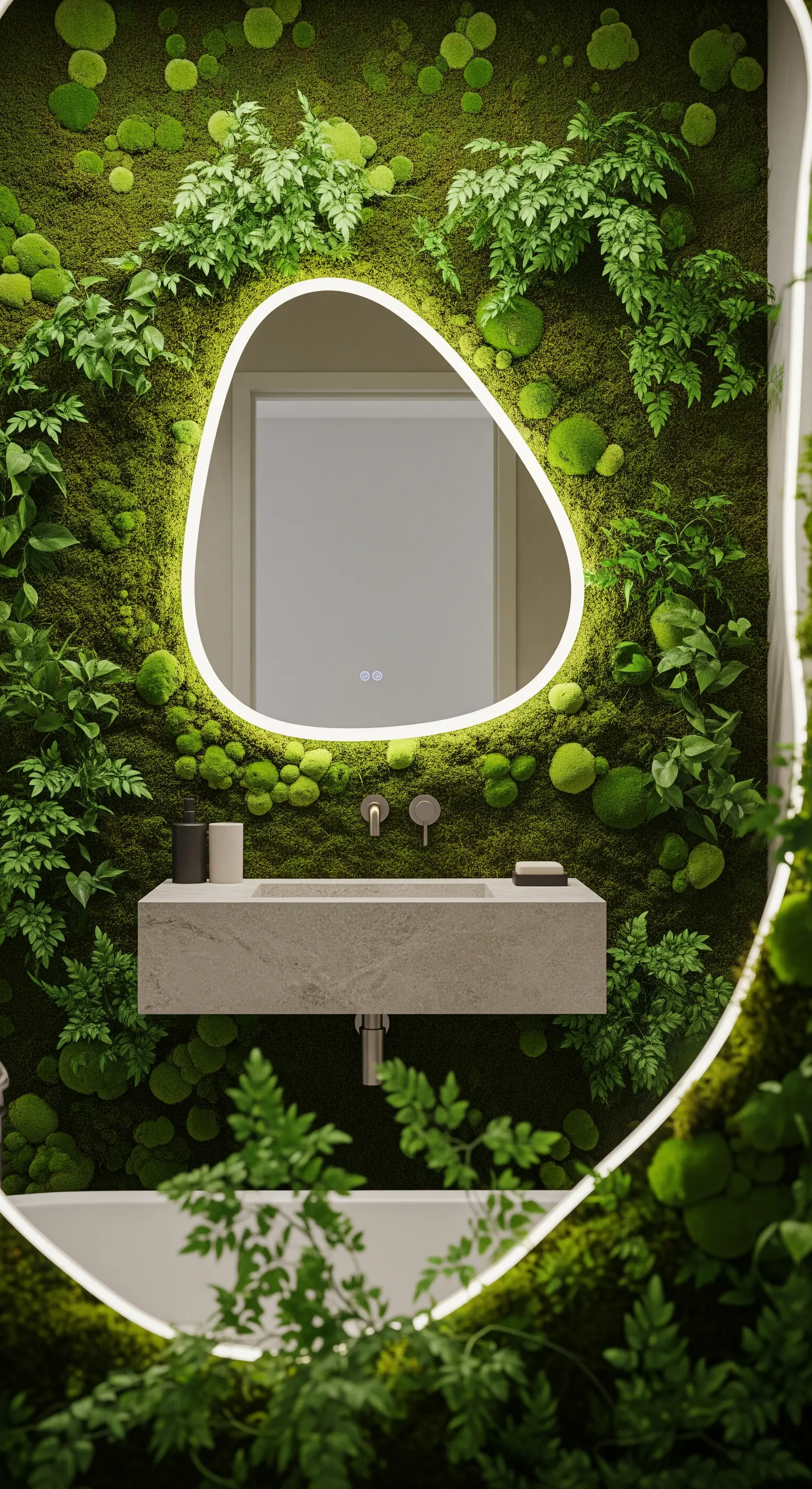 Specchio organico retroilluminato su una parete interamente ricoperta di muschio.